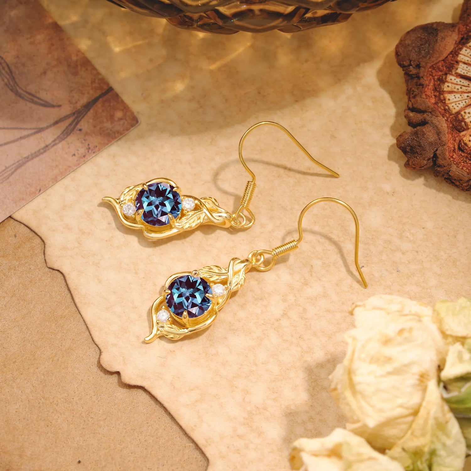 Luxury Round Cut Alexandrite Earrings with Leaf Wrap Design