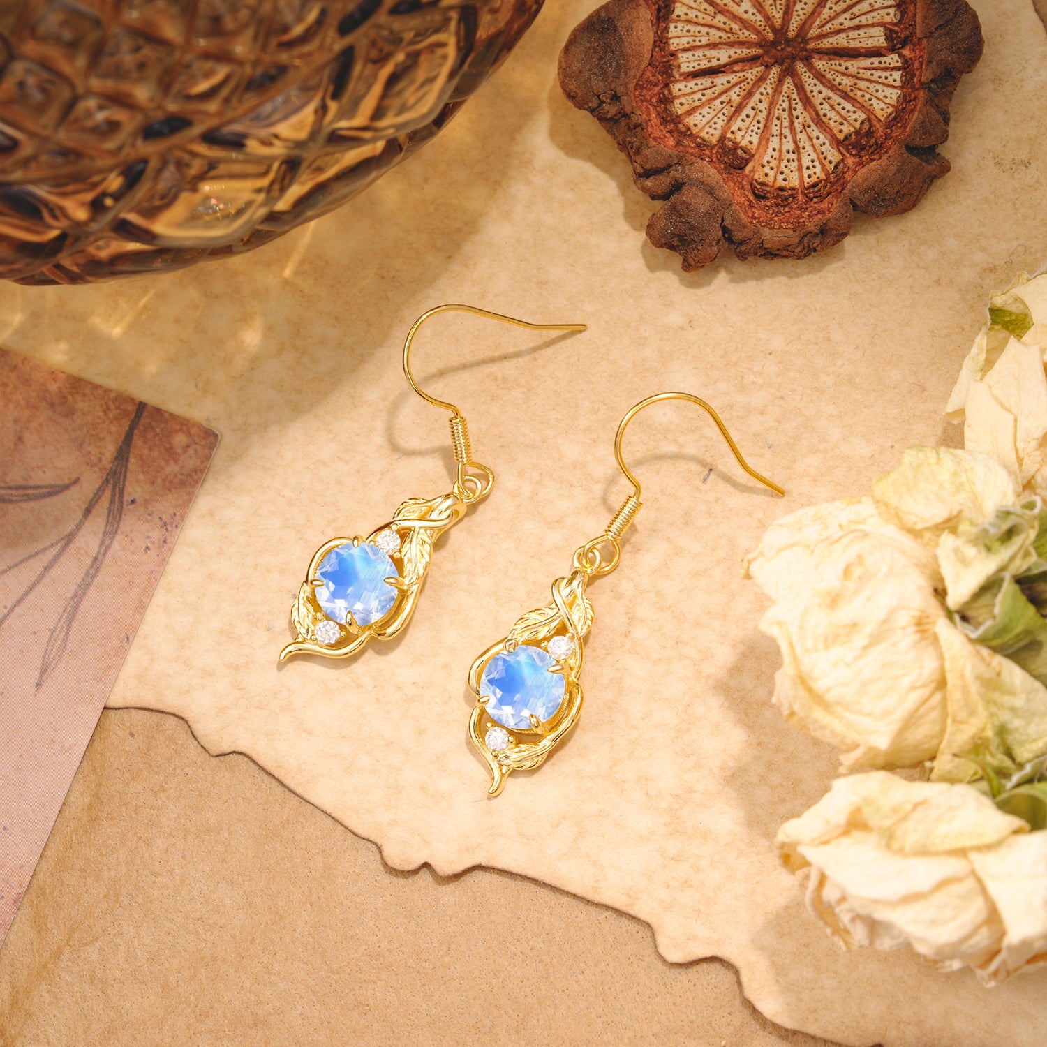 Luxury Round Cut Moonstone Earrings with Leaf Wrap Design - Romalar Jewelry