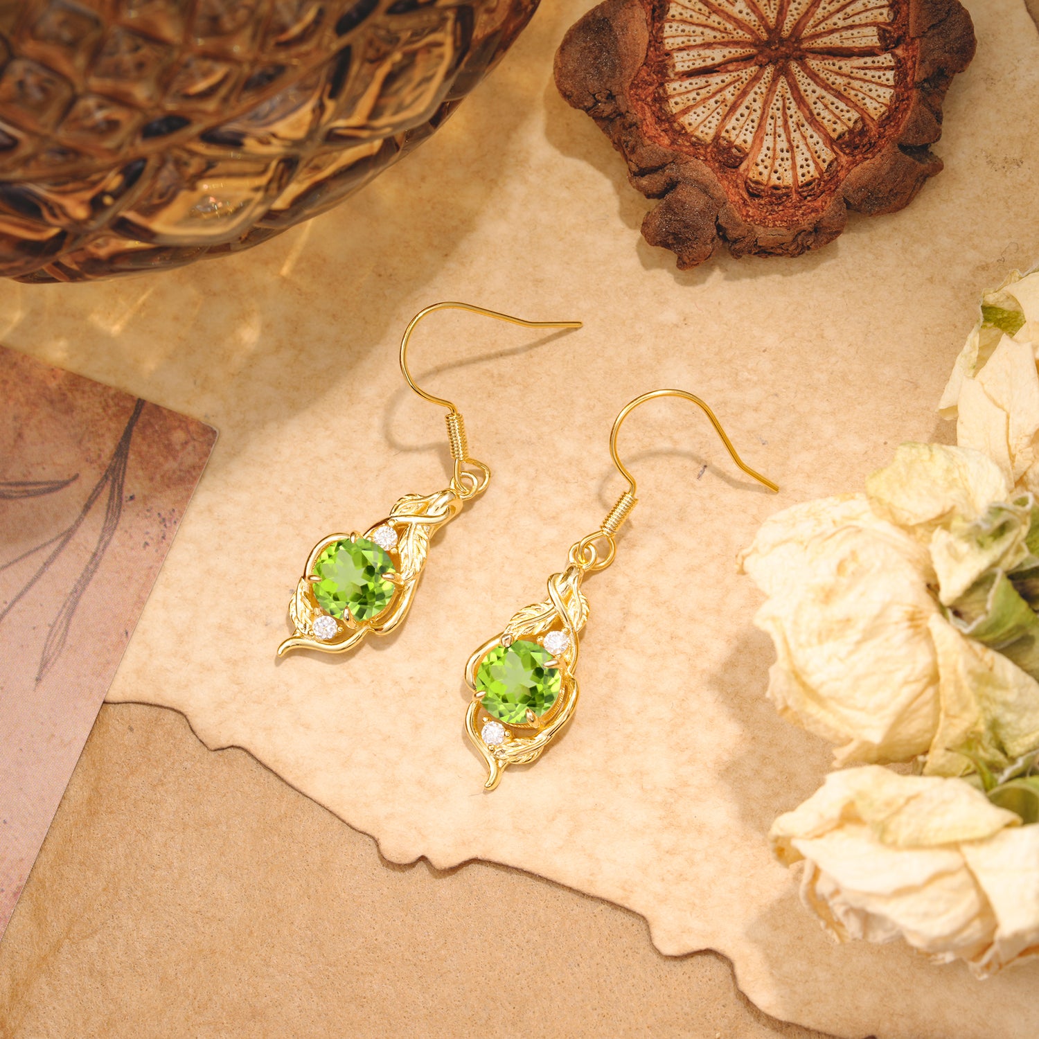 Luxury Round Cut Peridot Earrings with Leaf Wrap Design - Romalar Jewelry