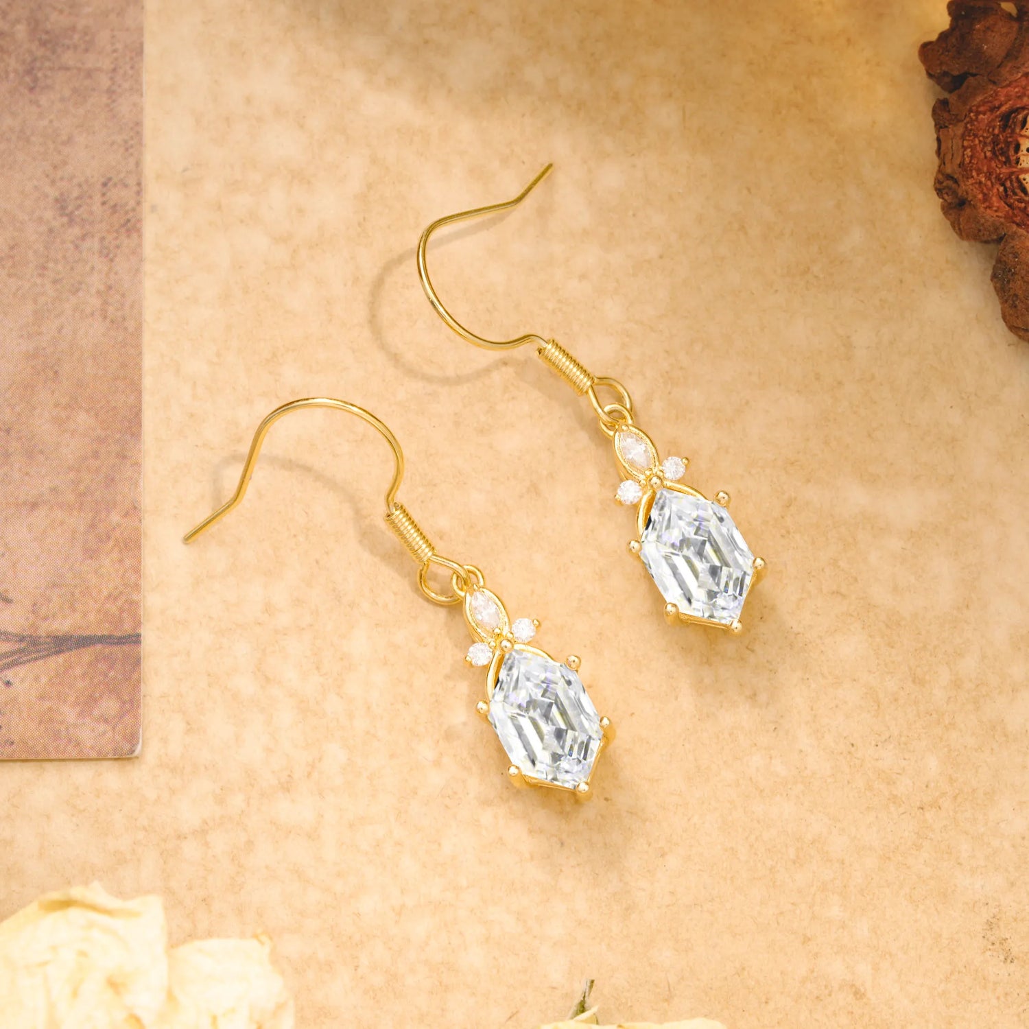 Antique Floral Elongated Hexagon 6 Prong Moissanite Earrings