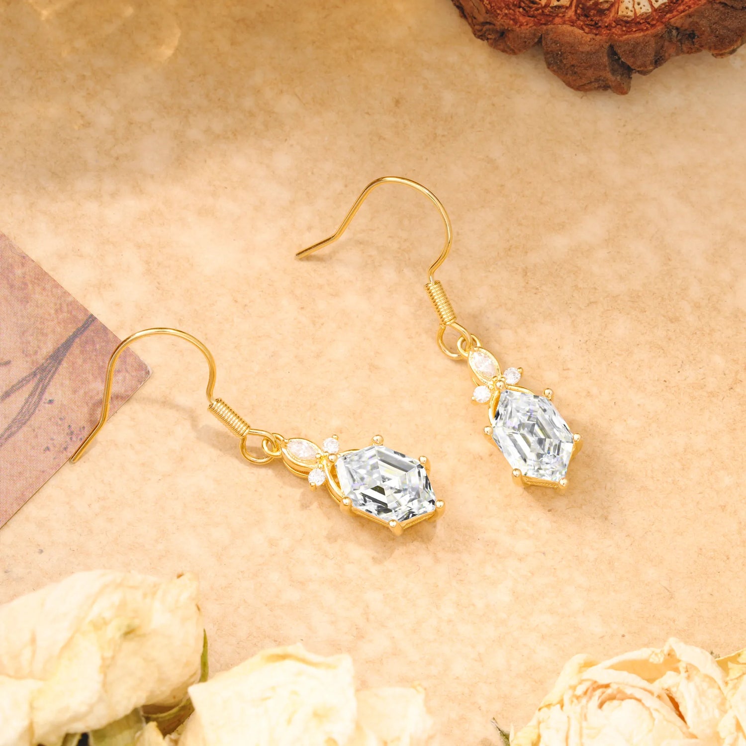 Antique Floral Elongated Hexagon 6 Prong Moissanite Earrings