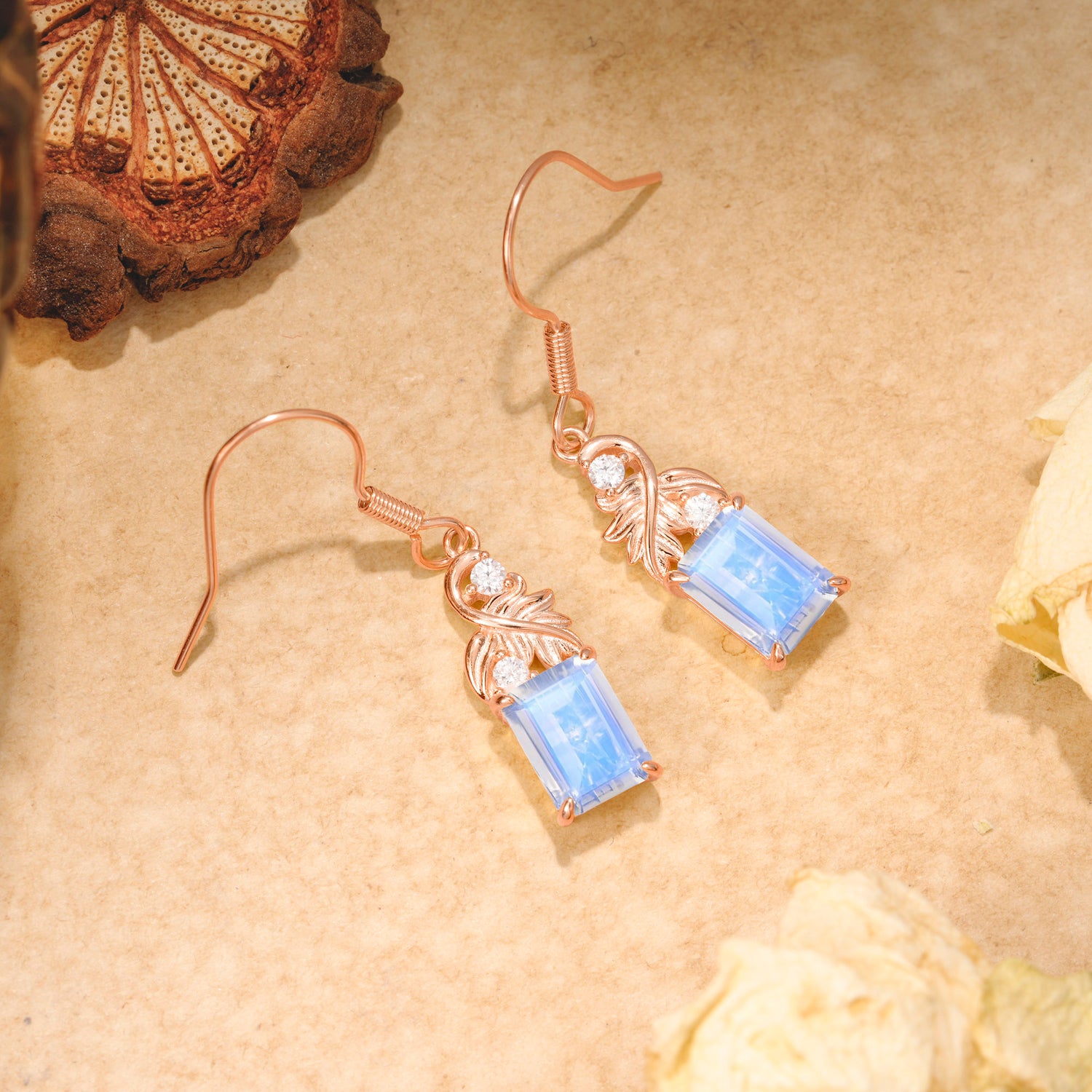 Unique Princess Cut Moonstone Earrings with Leaf Detail for Women