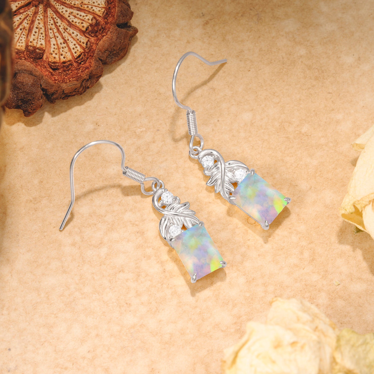 Unique Princess Cut Opal Earrings with Leaf Detail for Women