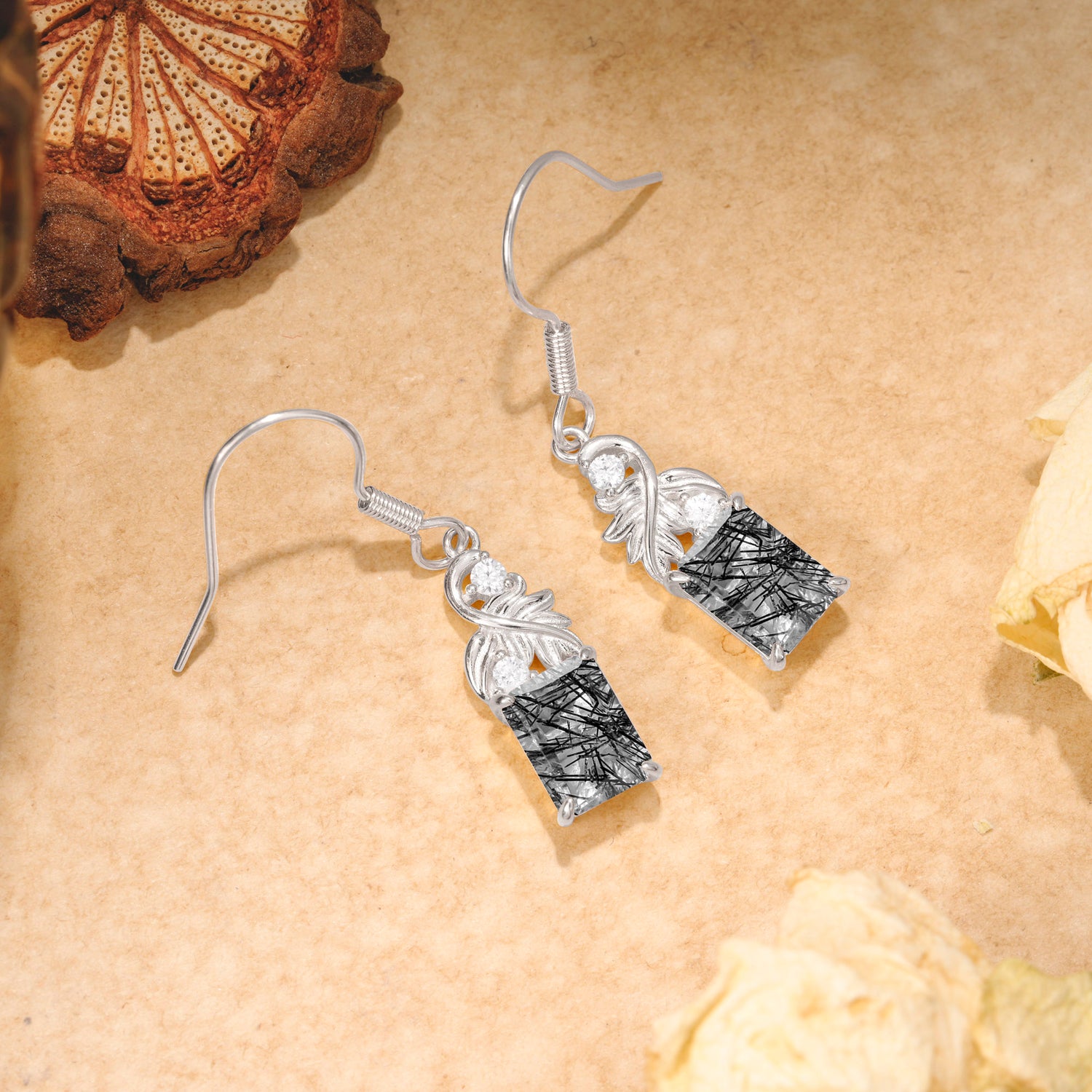 Unique Princess Cut Black Rutilated Quartz Earrings with Leaf Detail for Women