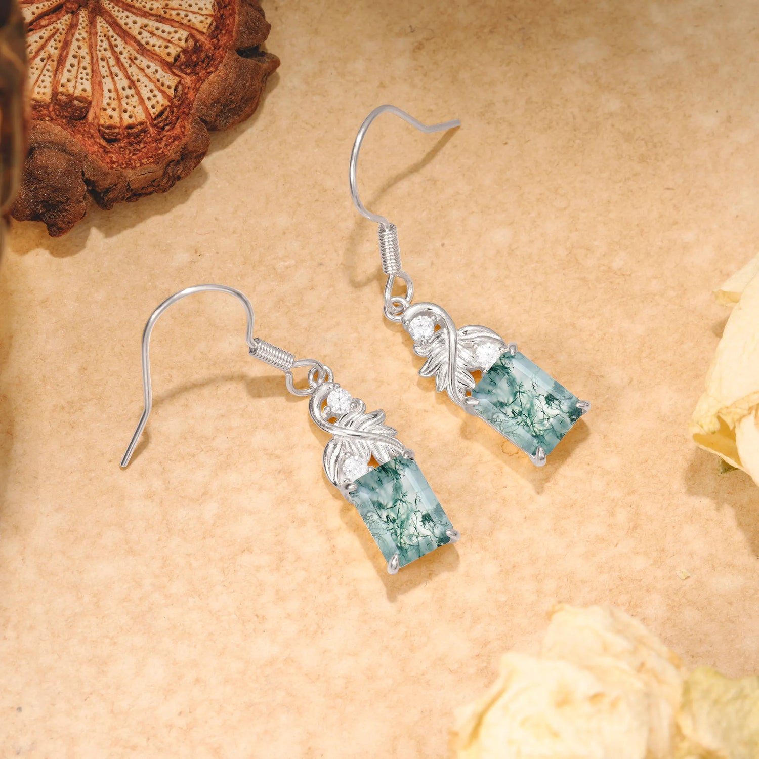 Unique Princess Cut Moss Agate Earrings with Leaf Detail for Women