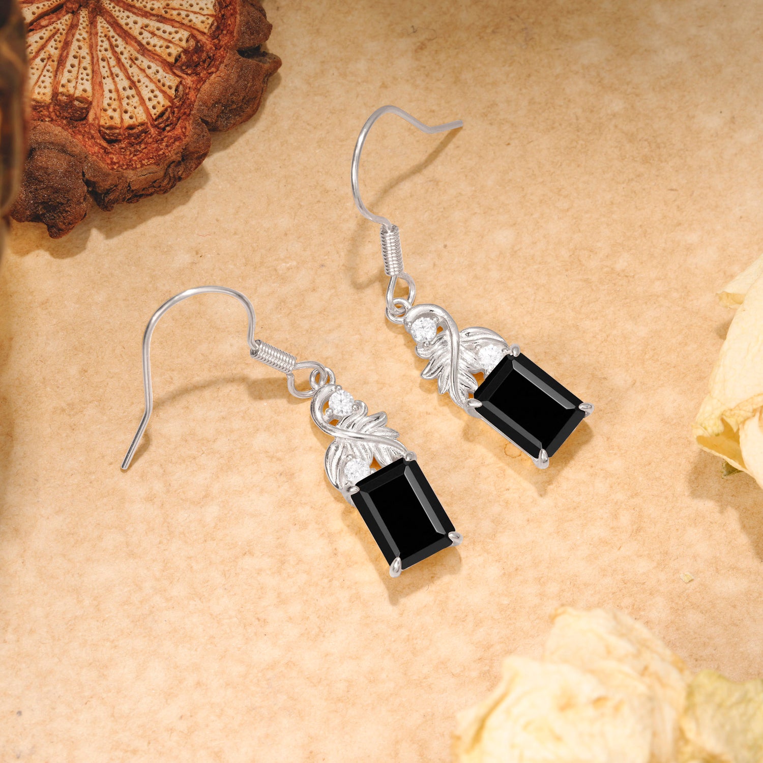 Unique Princess Cut  Black Onyx Earrings with Leaf Detail for Women