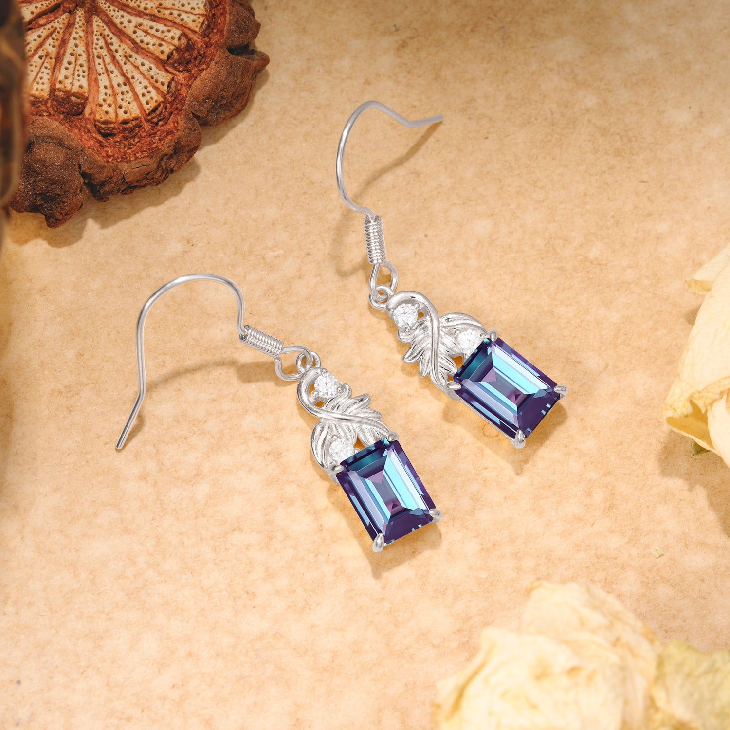 Unique Princess Cut Alexandrite Earrings with Leaf Detail for Women