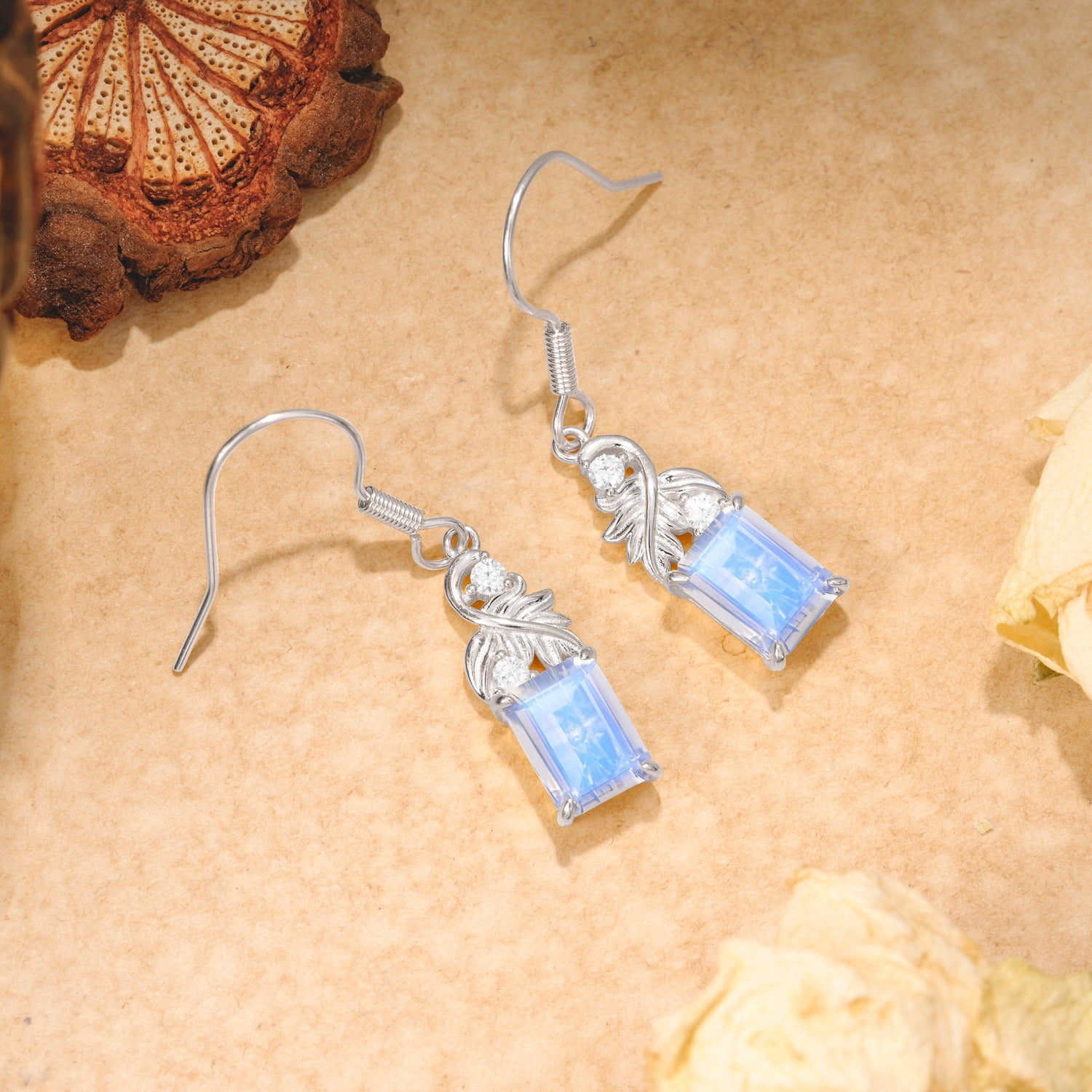 Unique Princess Cut Moonstone Earrings with Leaf Detail for Women