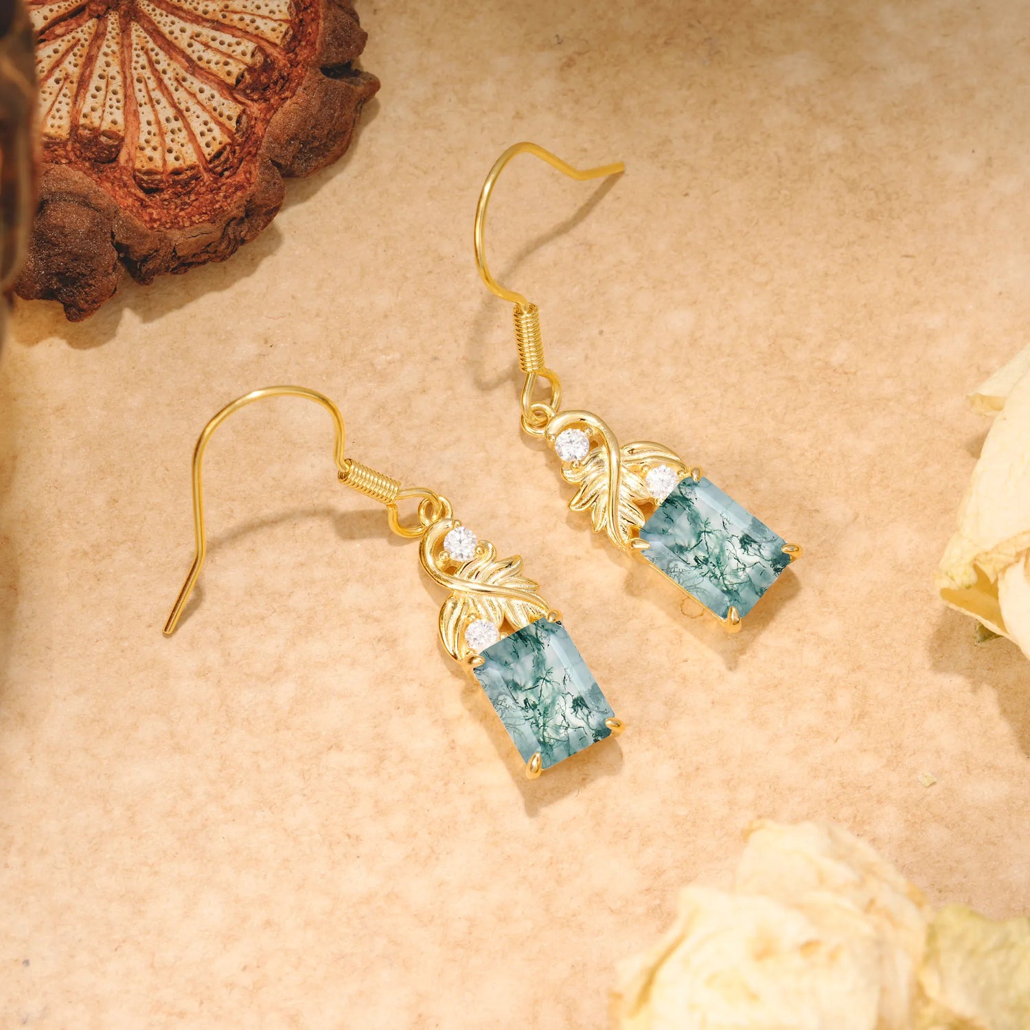 Unique Princess Cut Moss Agate Earrings with Leaf Detail for Women