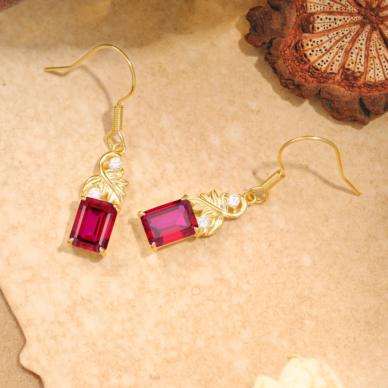 Unique Princess Cut Ruby Earrings with Leaf Detail for Women