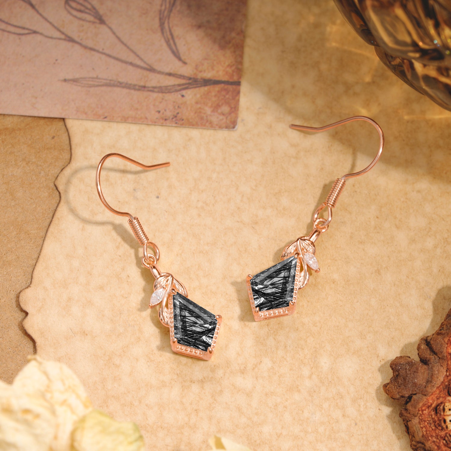 Classic Sparkling Geometric Black Rutilated Quartz Drop Earrings