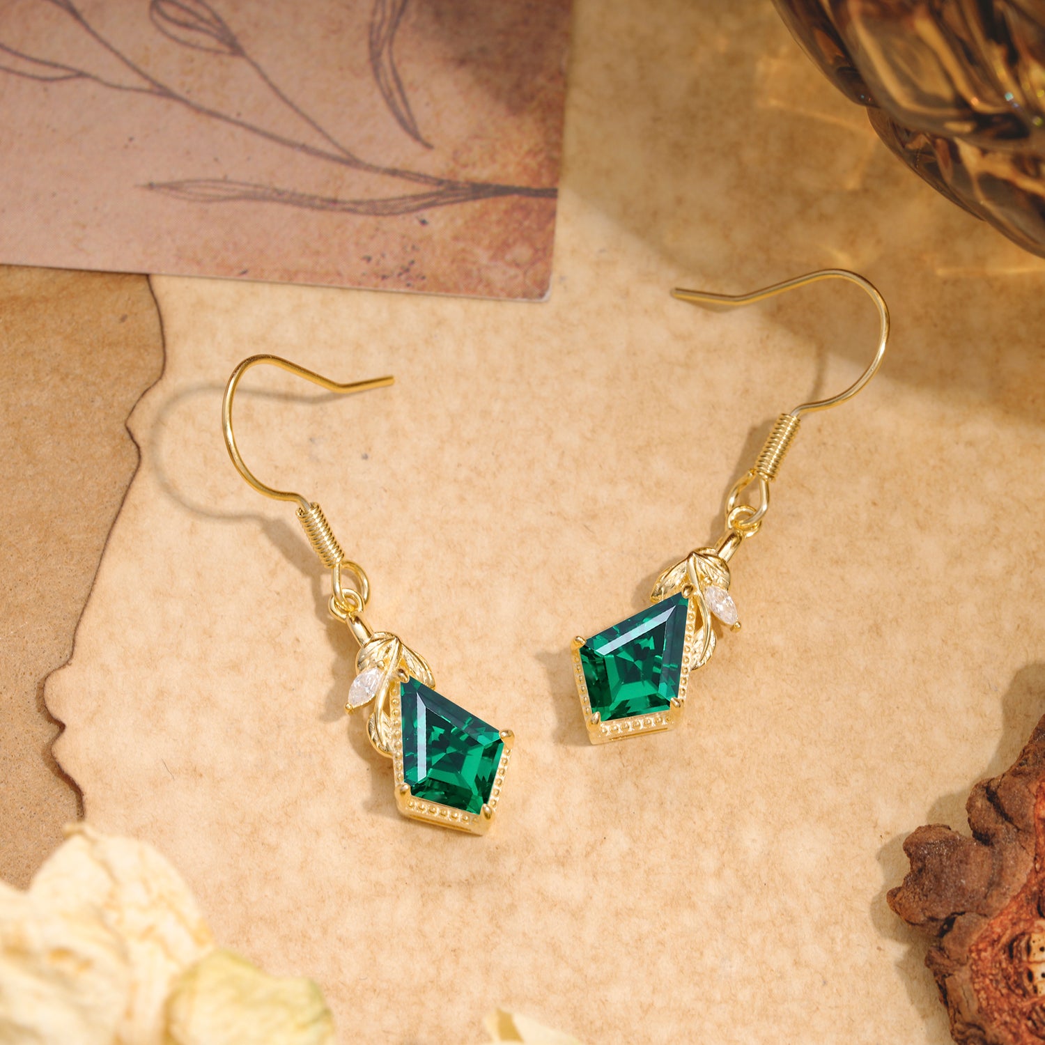 Classic Sparkling Geometric Emerald Drop Earrings - Romalar Jewelry