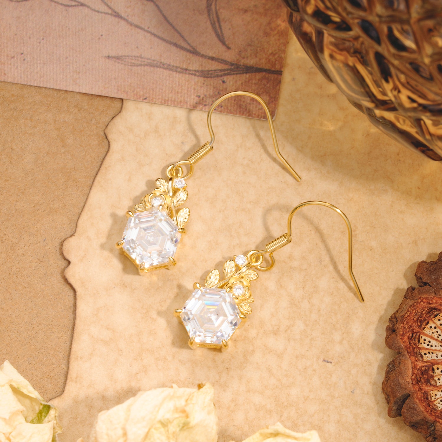 Unique Rose Leaf Hexagon Cut Moissanite Earrings