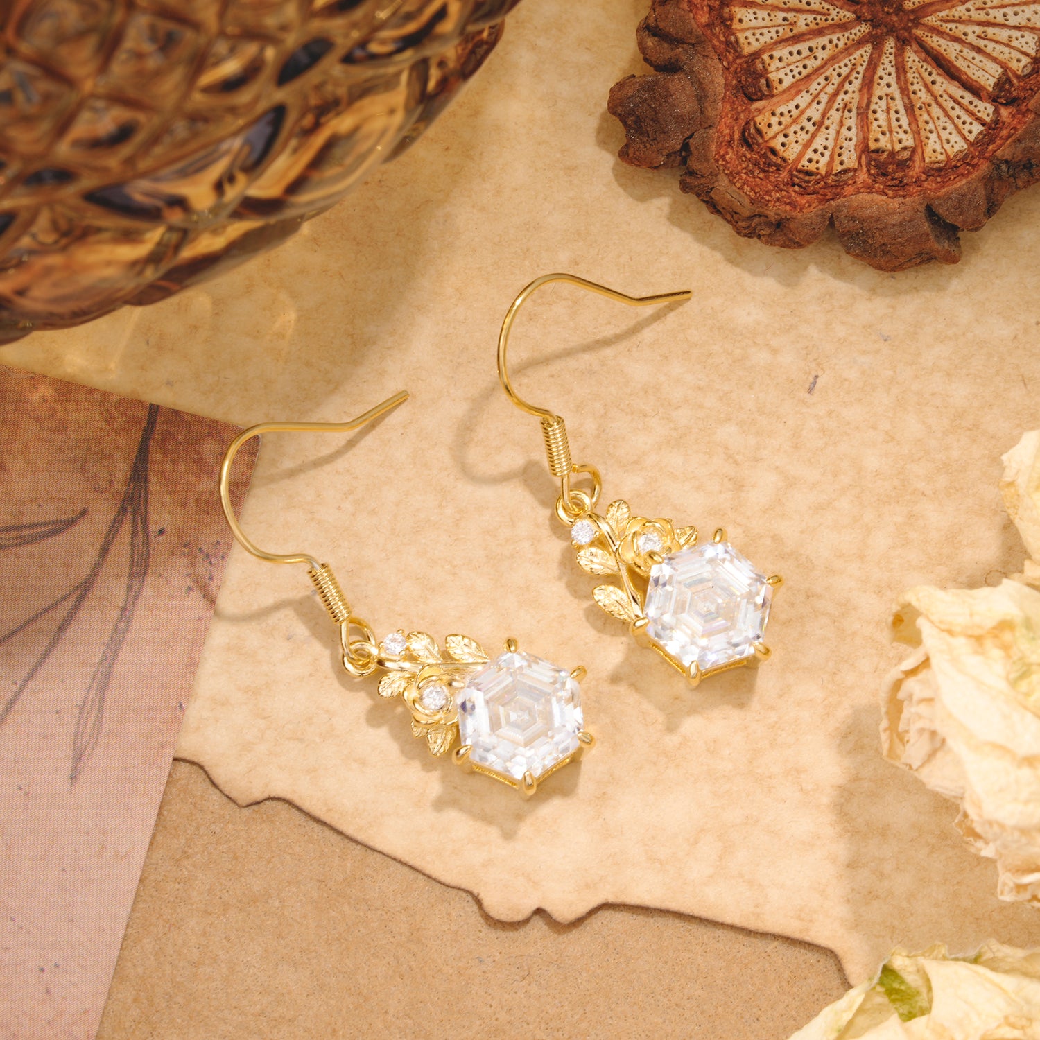 Unique Rose Leaf Hexagon Cut Moissanite Earrings