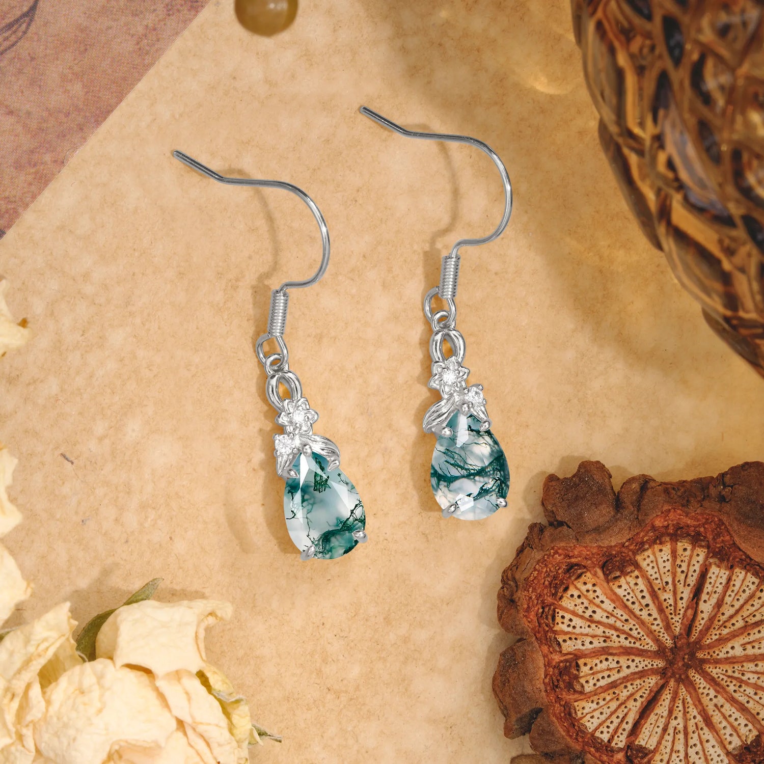 Lightweight 5 Prong Teardrop Moss Agate Earrings - Bridal Jewelry for Wedding & Engagement