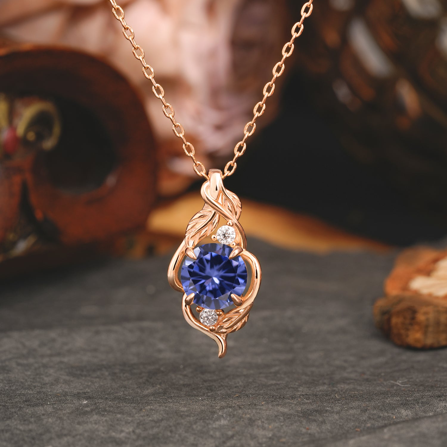 Leaf Themed Round Cut Tanzanite Pendant Necklace Anniversary Gifts For Women - Romalar Jewelry