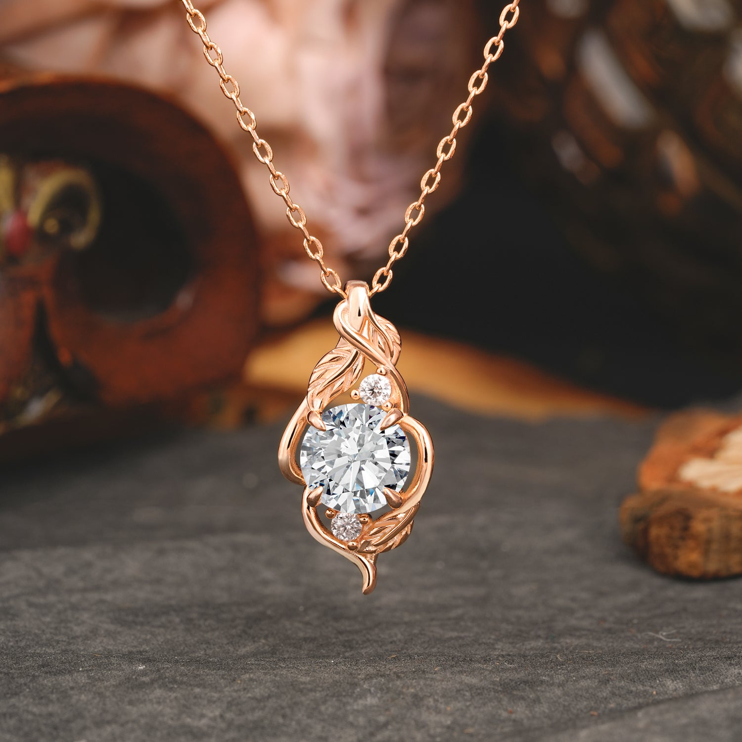 Leaf Themed Round Cut Lab Diamond Pendant Necklace Anniversary Gifts For Women