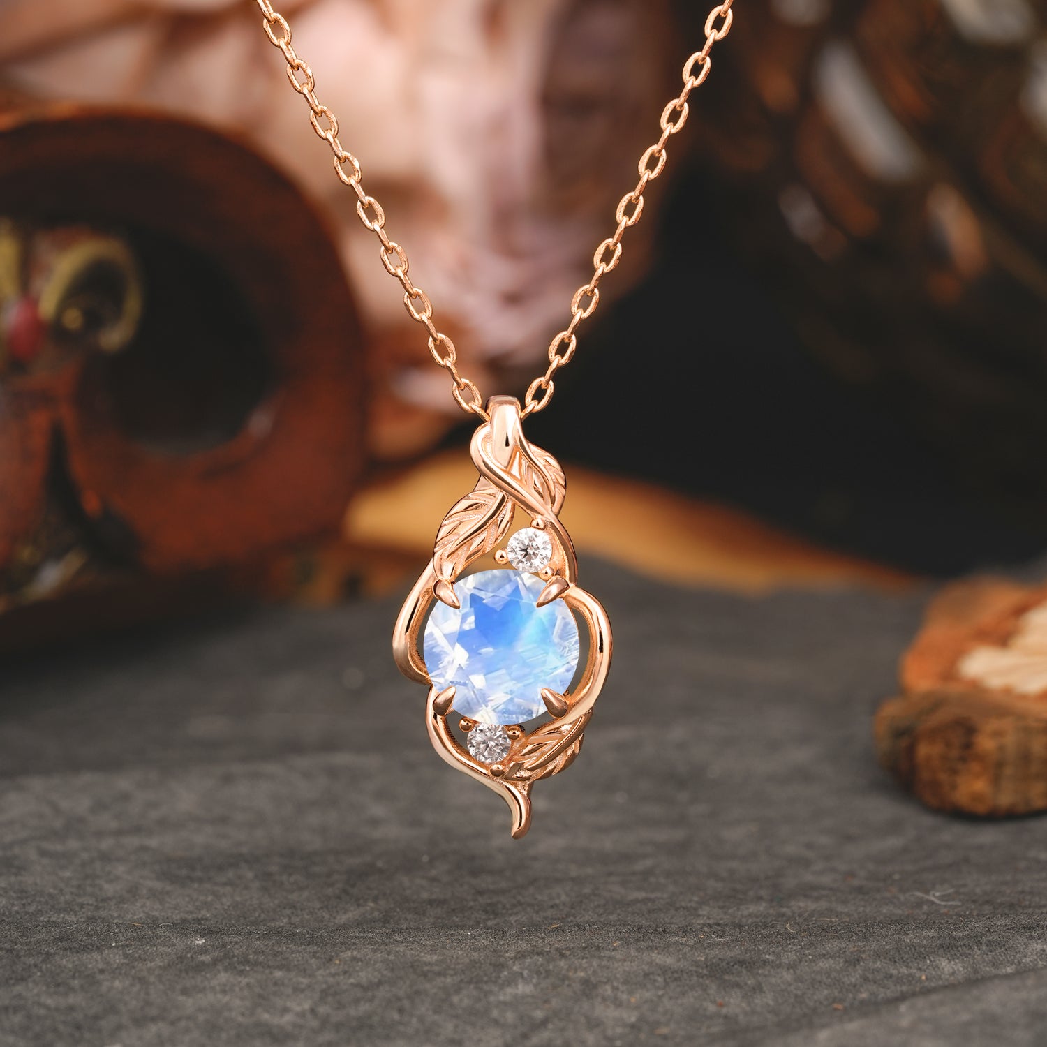 Leaf Themed Round Cut Moonstone Pendant Necklace Anniversary Gifts For Women