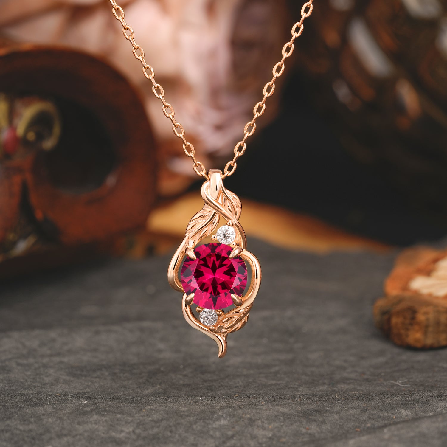 Leaf Themed Round Cut Ruby Pendant Necklace Anniversary Gifts For Women - Romalar Jewelry