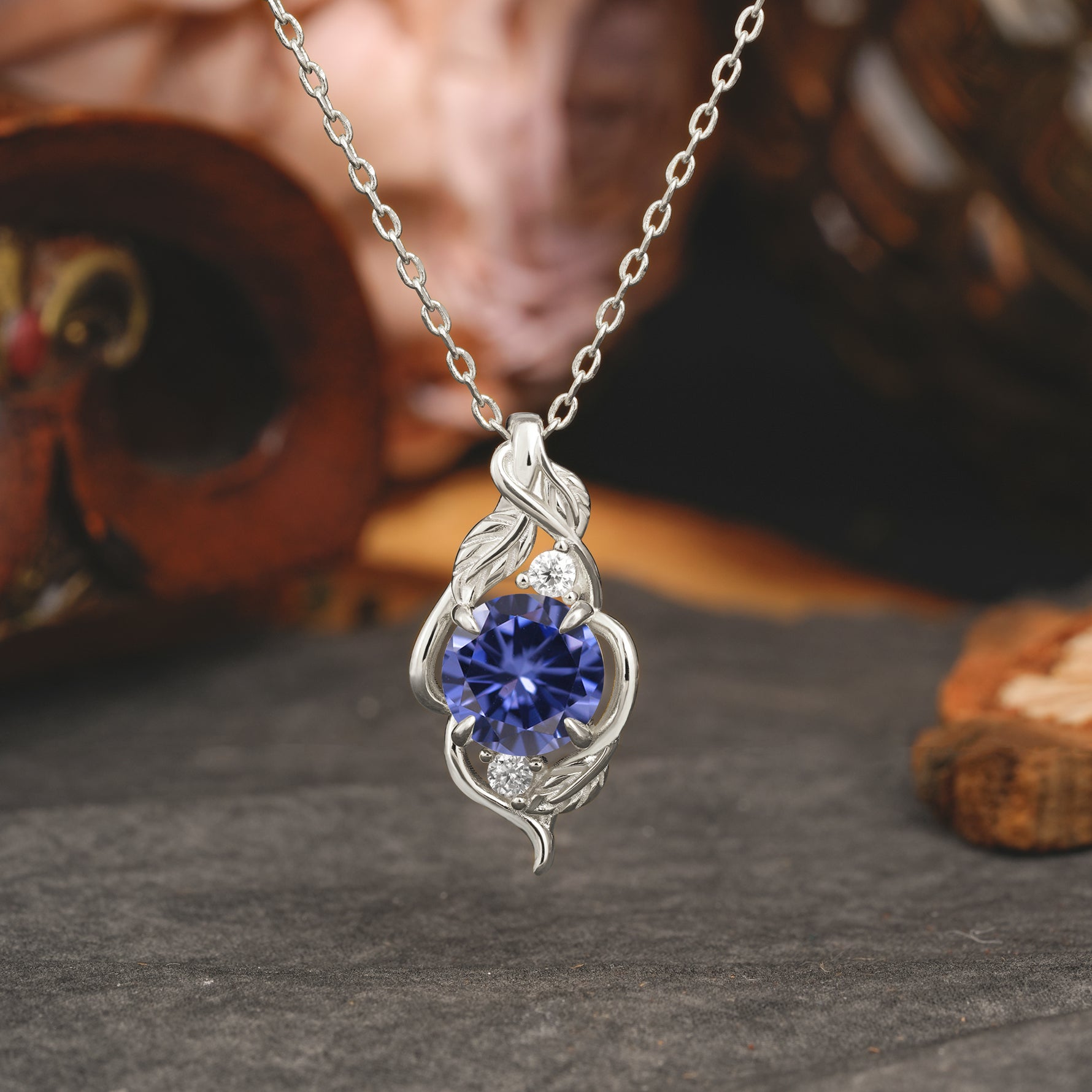 Leaf Themed Round Cut Tanzanite Pendant Necklace Anniversary Gifts For Women - Romalar Jewelry