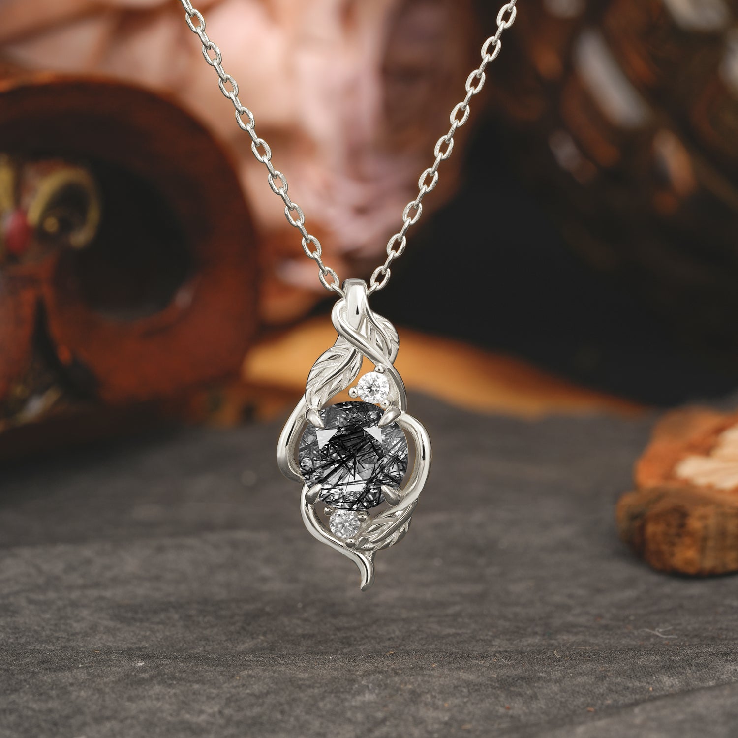 Leaf Themed Round Cut Black Rutilated Quartz Pendant Necklace Anniversary Gifts For Women