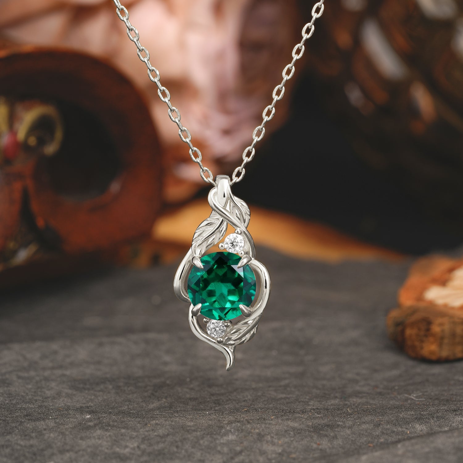 Leaf Themed Round Cut Emerald Pendant Necklace Anniversary Gifts For Women