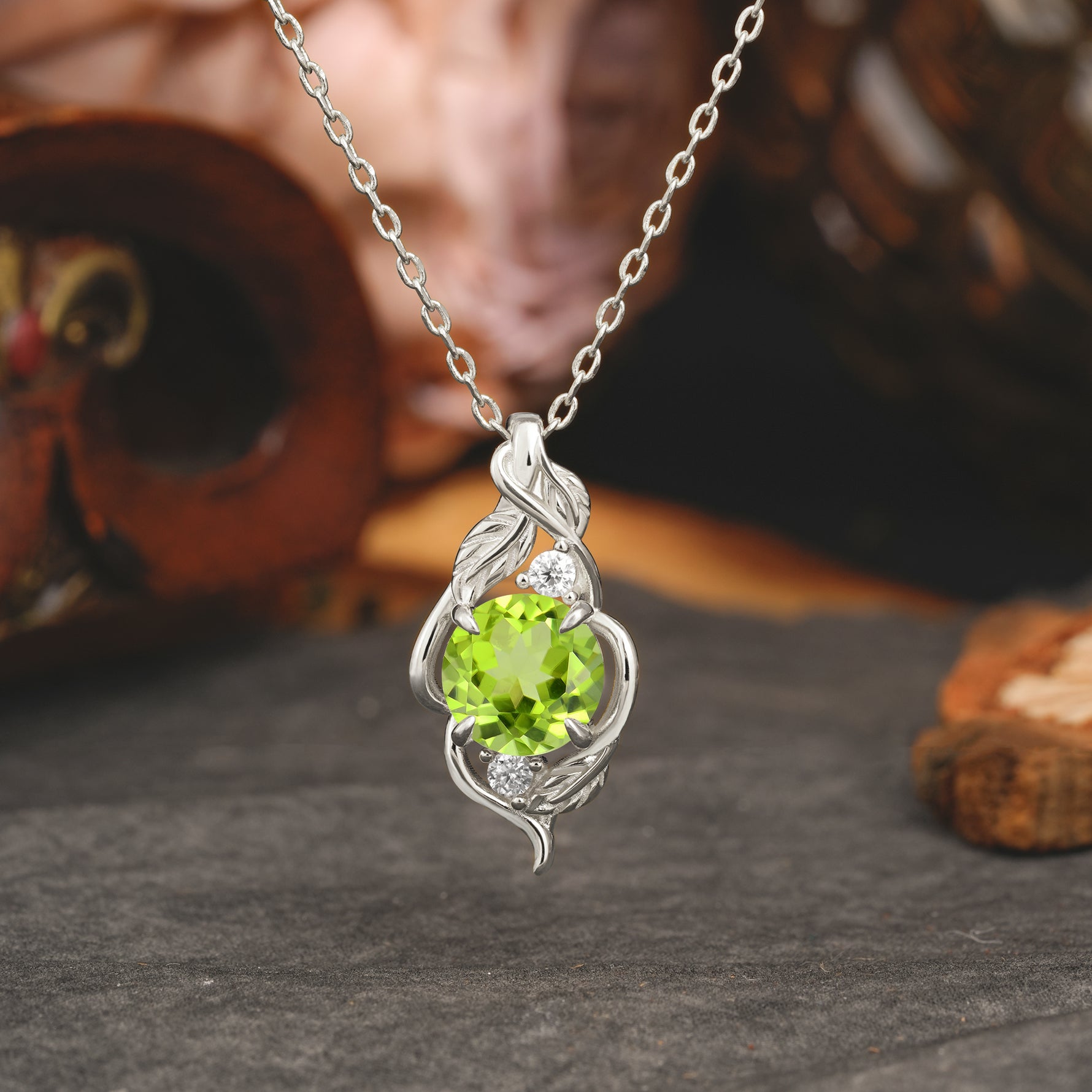 Leaf Themed Round Cut Peridot Pendant Necklace Anniversary Gifts For Women - Romalar Jewelry