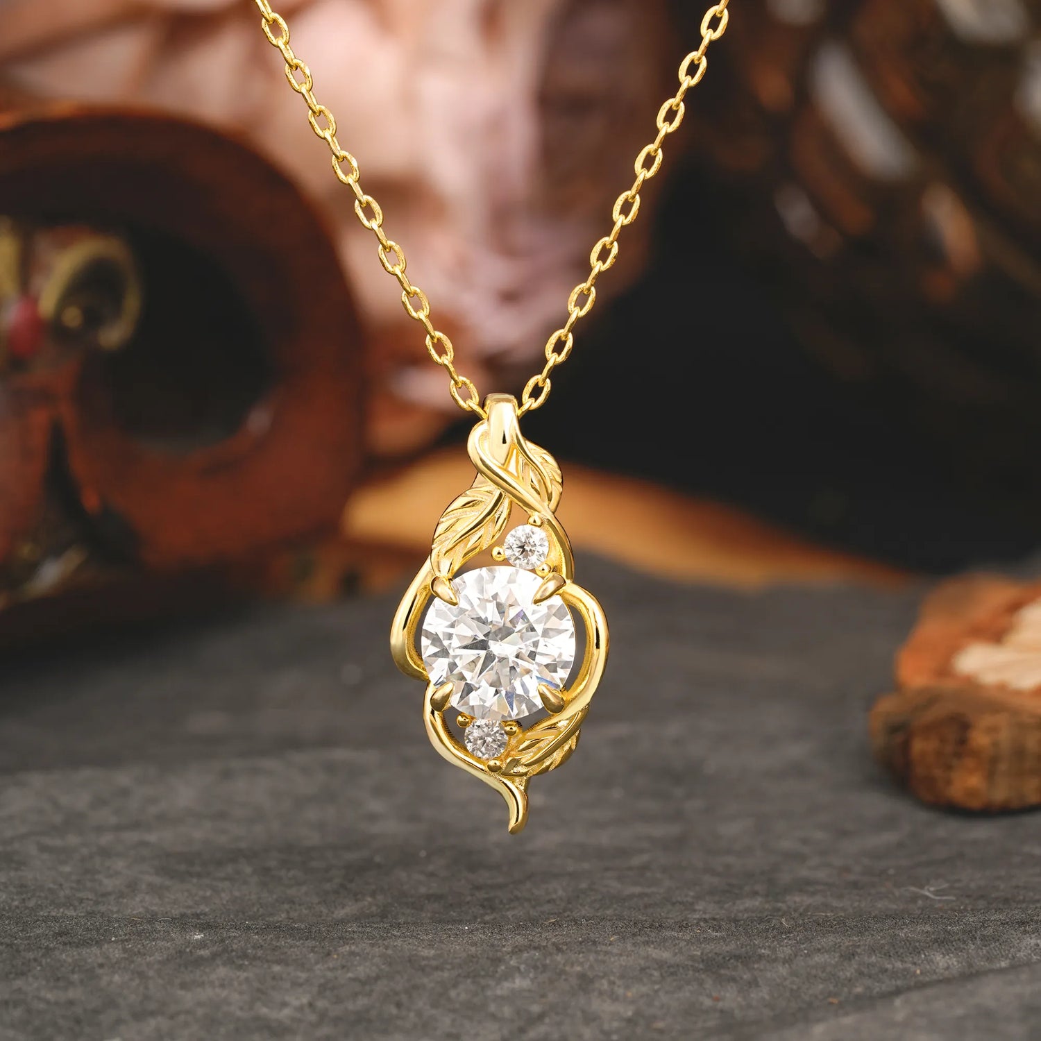 Leaf Themed Round Cut Moissanite Pendant Necklace Anniversary Gifts For Women