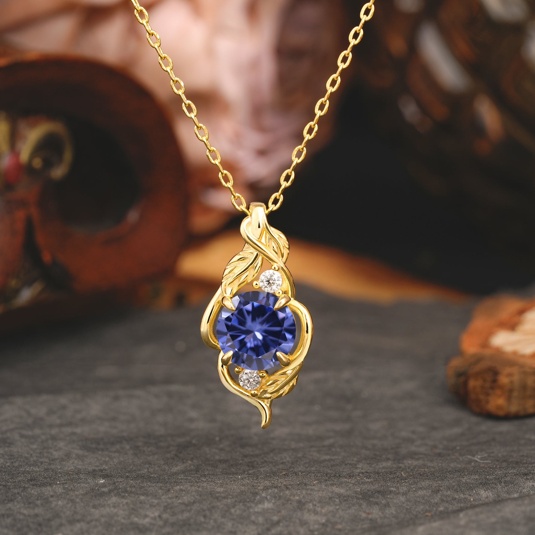 Leaf Themed Round Cut Tanzanite Pendant Necklace Anniversary Gifts For Women - Romalar Jewelry