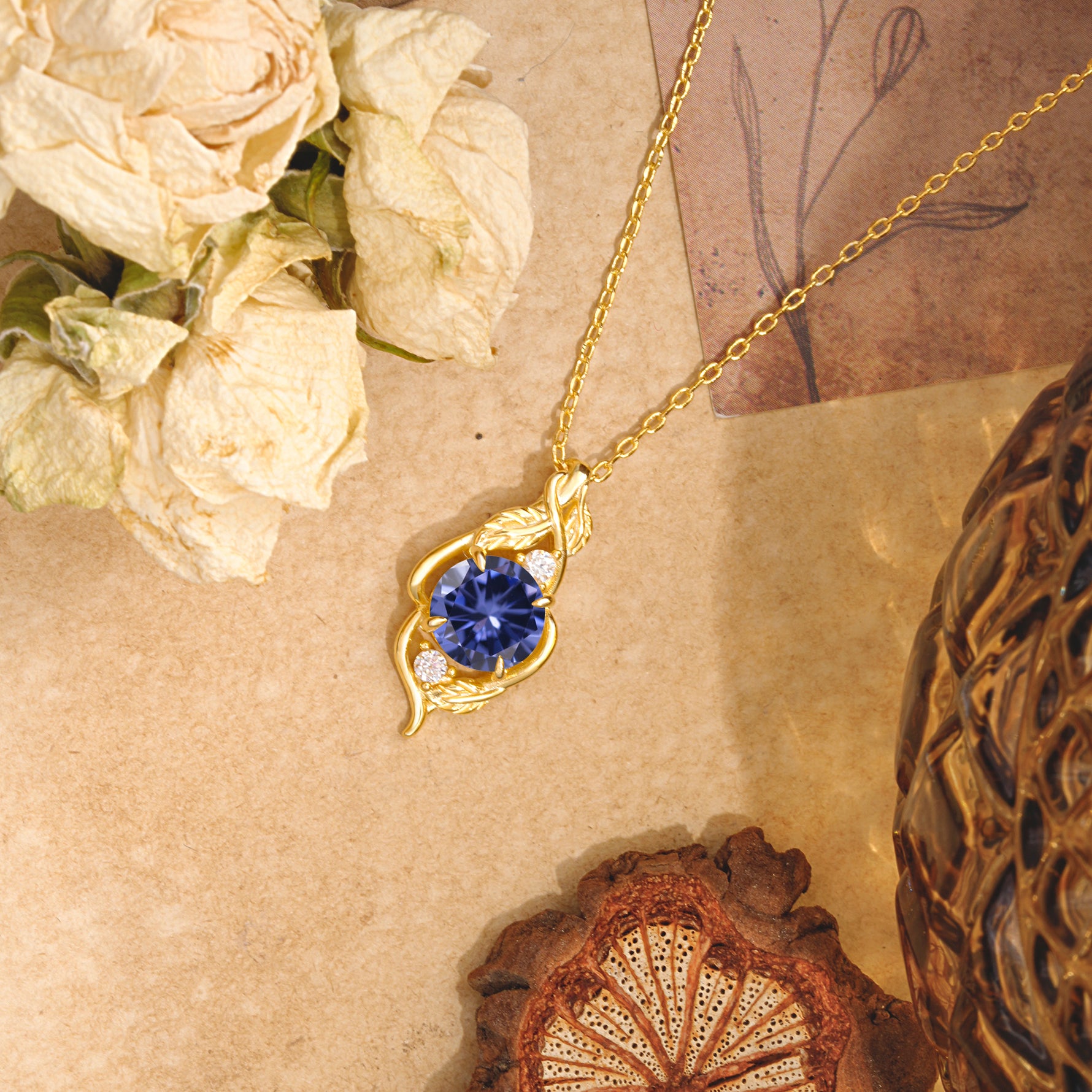 Leaf Themed Round Cut Tanzanite Pendant Necklace Anniversary Gifts For Women - Romalar Jewelry