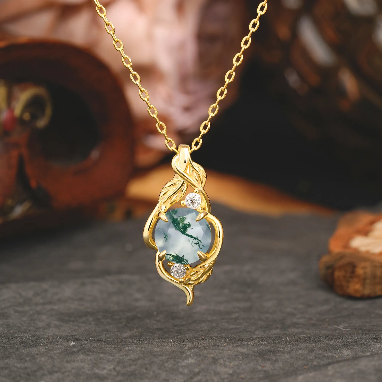 Leaf Themed Round Cut Moss Agate Pendant Necklace Anniversary Gifts For Women