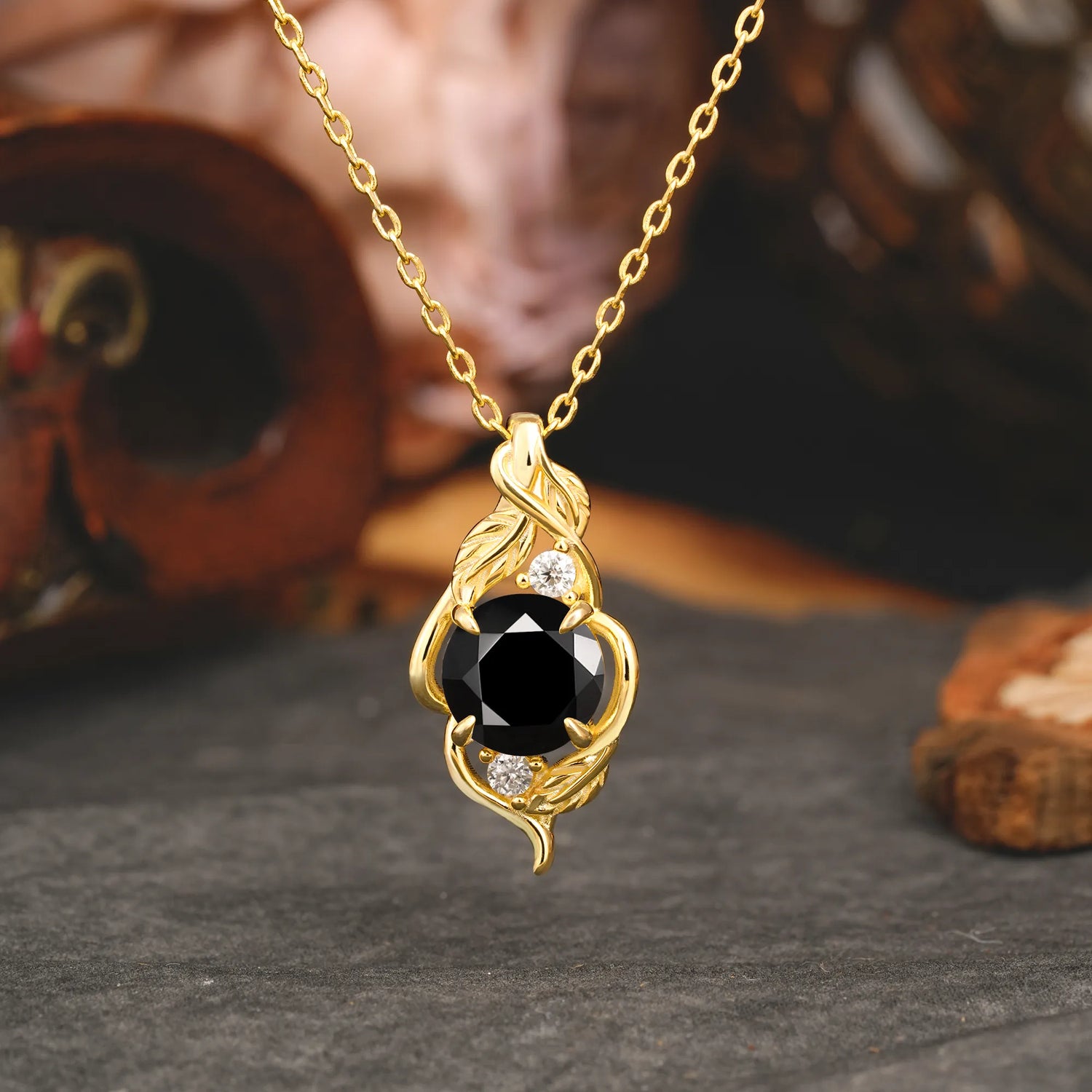 Leaf Themed Round Cut Black Onyx Pendant Necklace Anniversary Gifts For Women
