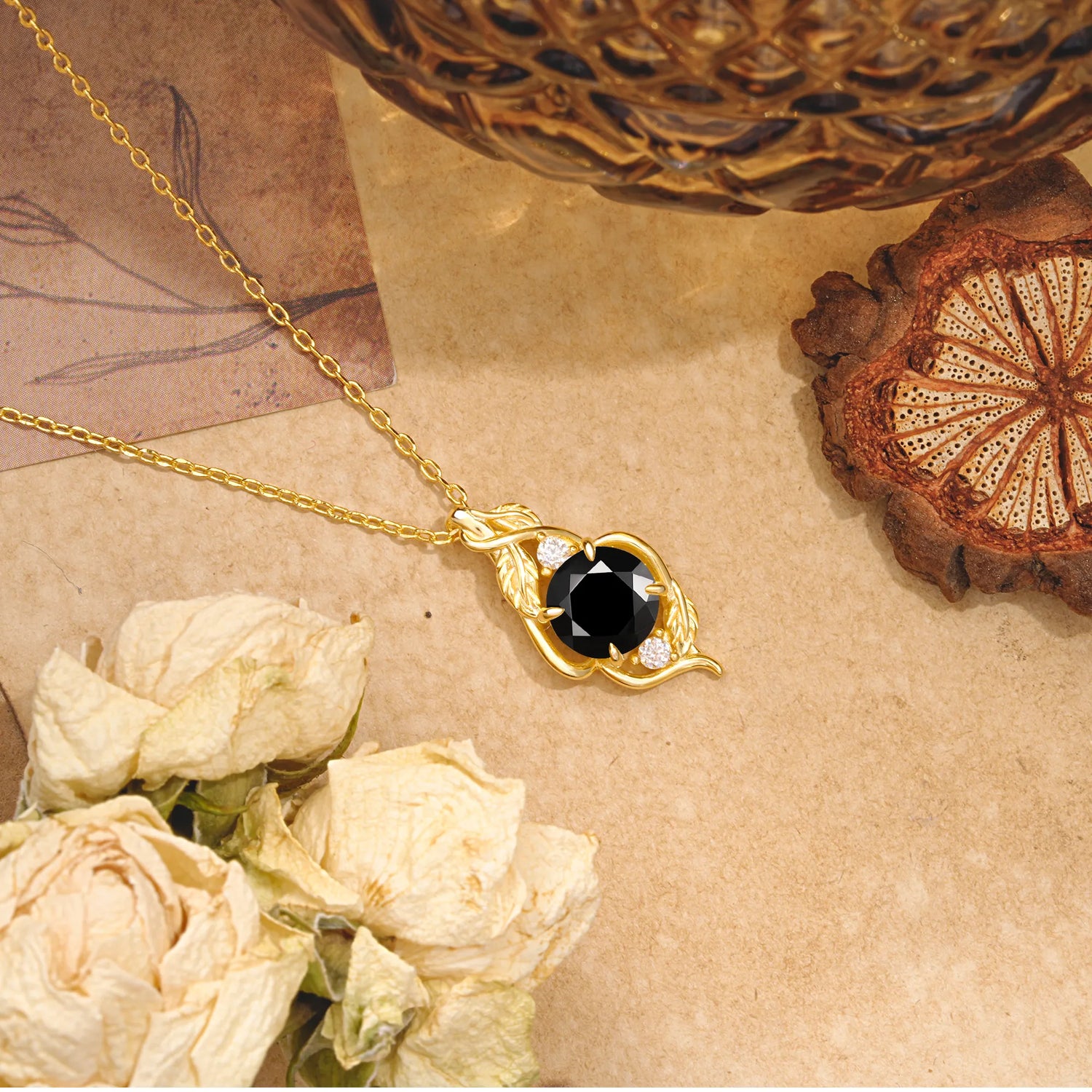 Leaf Themed Round Cut Black Onyx Pendant Necklace Anniversary Gifts For Women