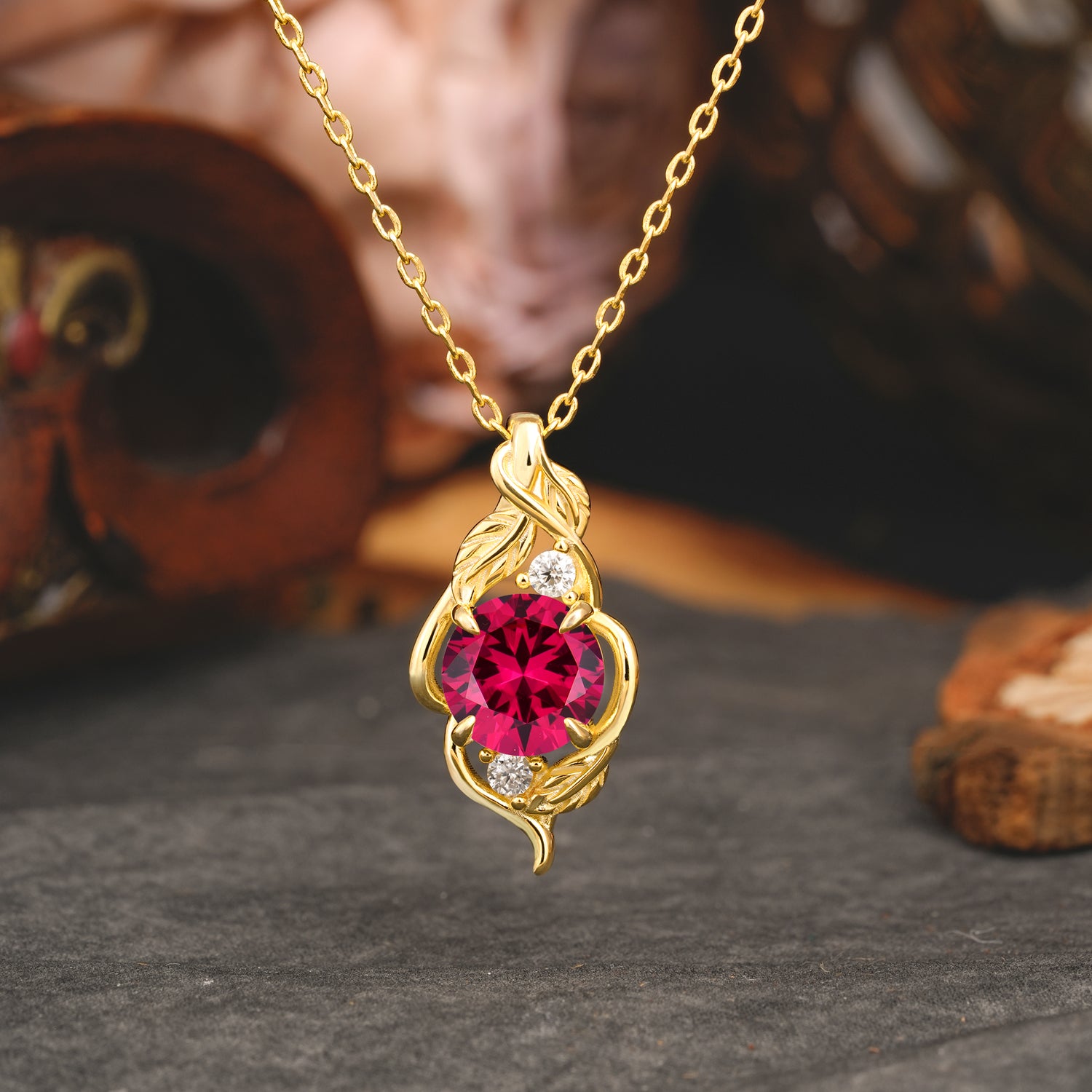 Leaf Themed Round Cut Ruby Pendant Necklace Anniversary Gifts For Women - Romalar Jewelry