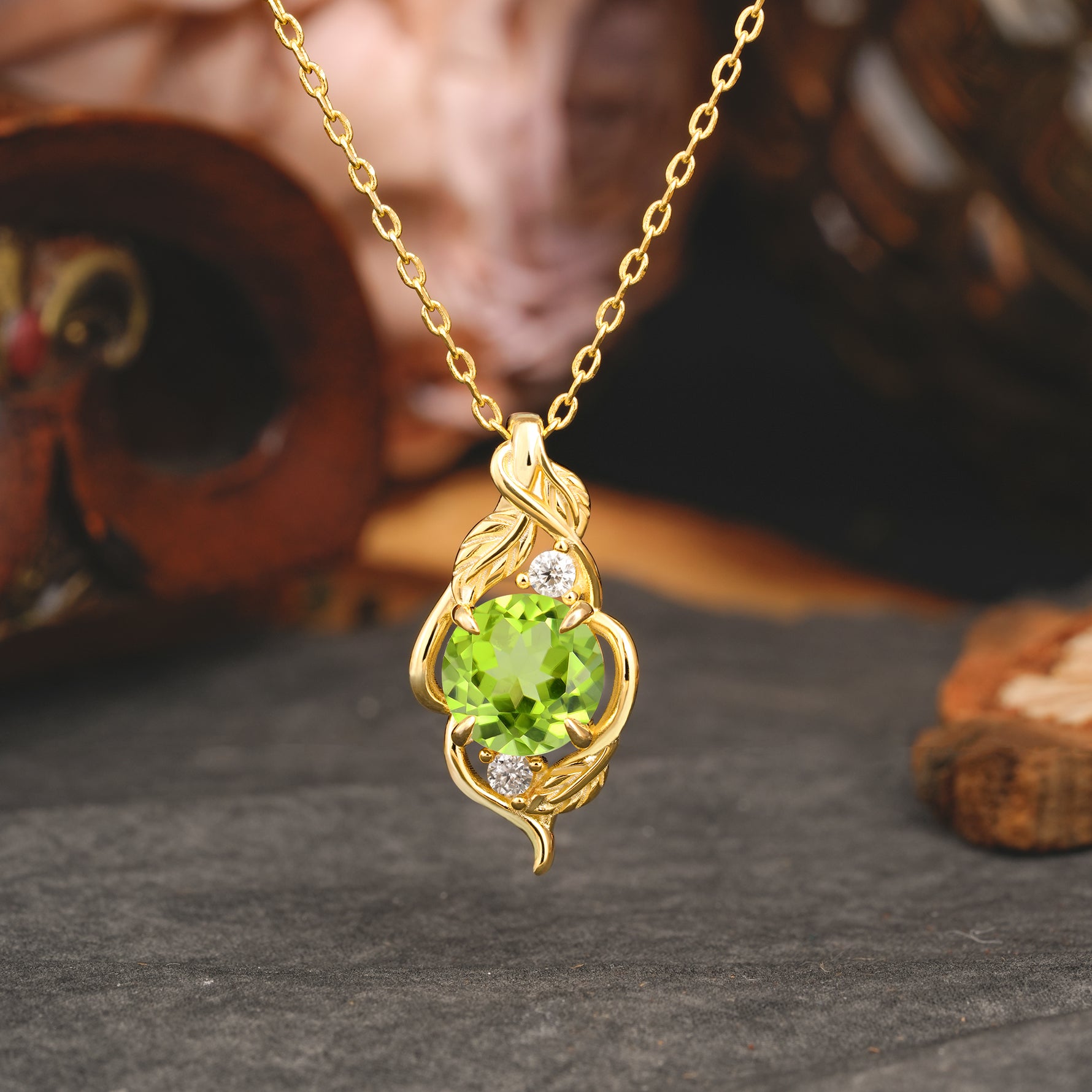 Leaf Themed Round Cut Peridot Pendant Necklace Anniversary Gifts For Women - Romalar Jewelry
