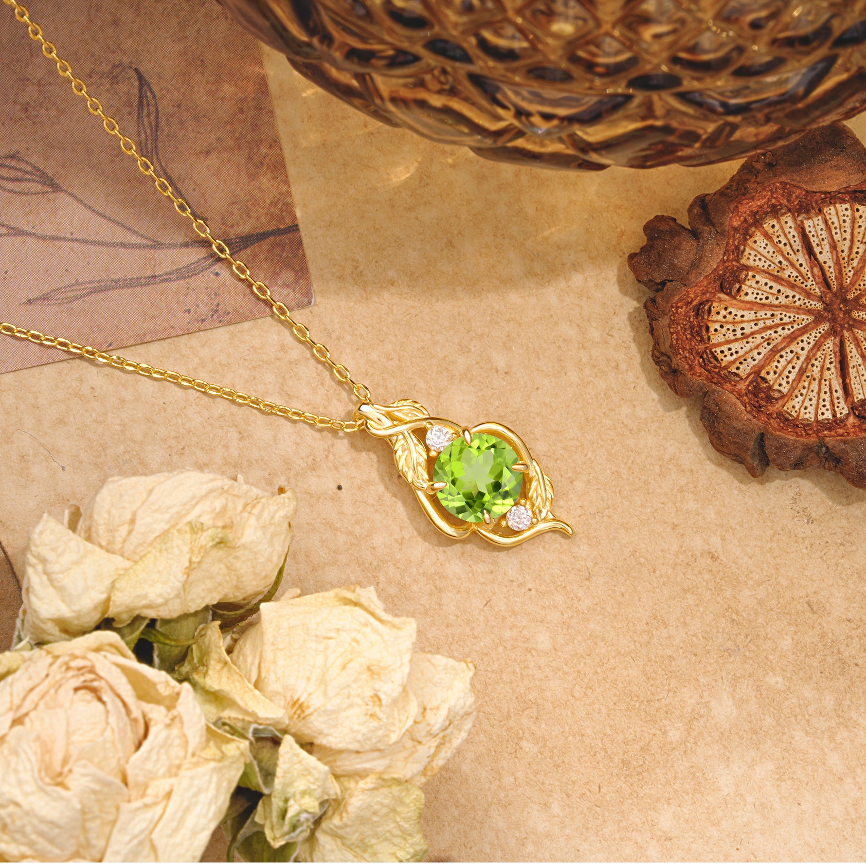 Leaf Themed Round Cut Peridot Pendant Necklace Anniversary Gifts For Women - Romalar Jewelry