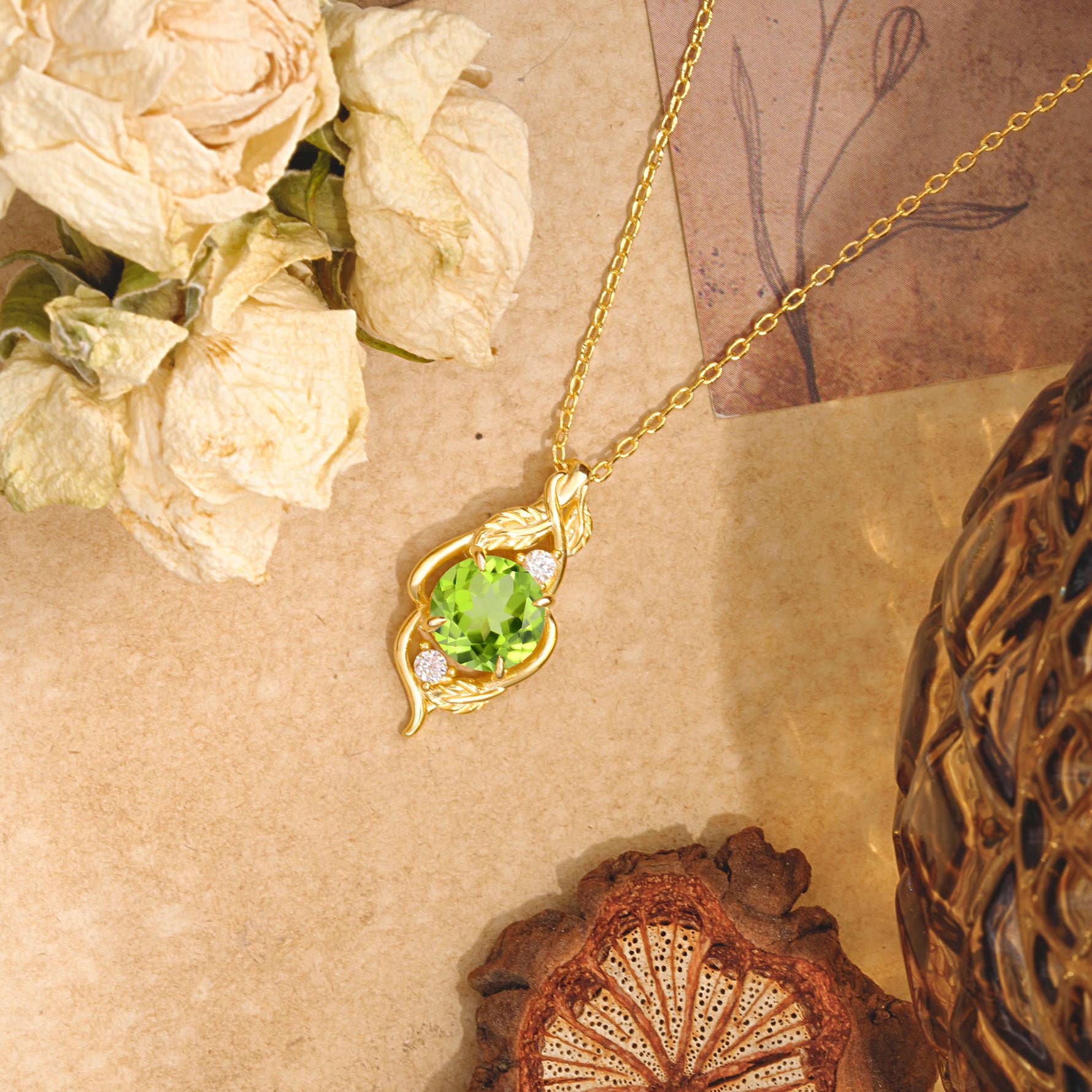 Leaf Themed Round Cut Peridot Pendant Necklace Anniversary Gifts For Women - Romalar Jewelry