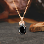 Leaf Accented Oval Cut Black Onyx Pendant Necklace Valentine’s Day Gifts For Women - Romalar Jewelry