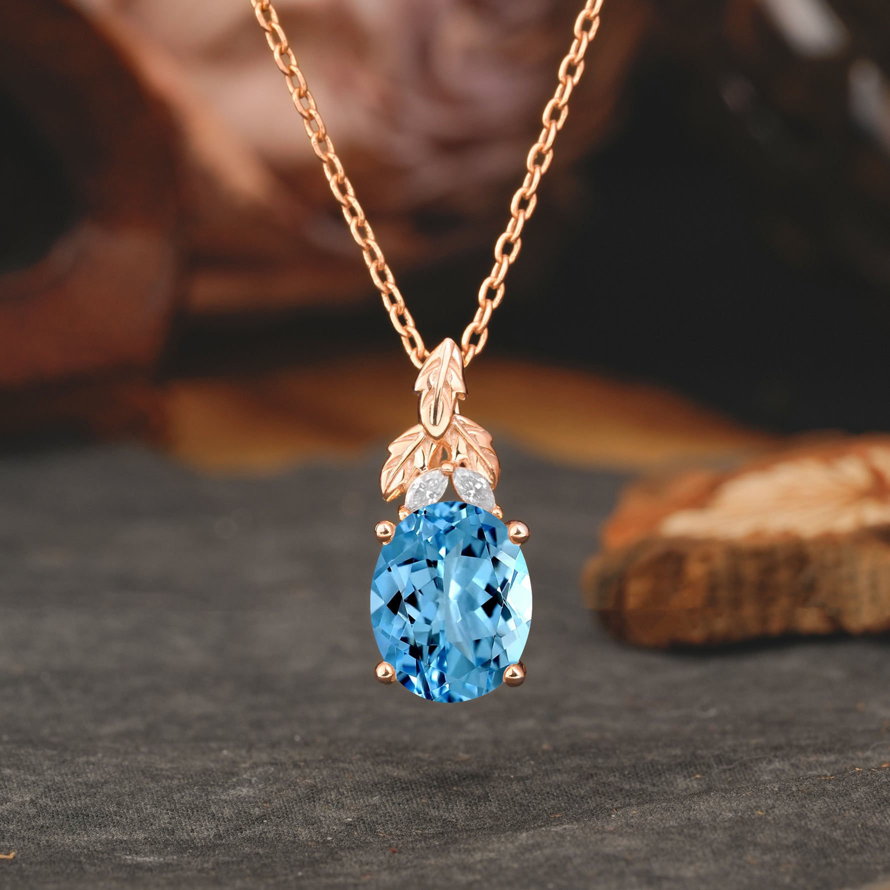 Leaf Accented Oval Cut Aquamarine Pendant Necklace Valentine’s Day Gifts For Women - Romalar Jewelry