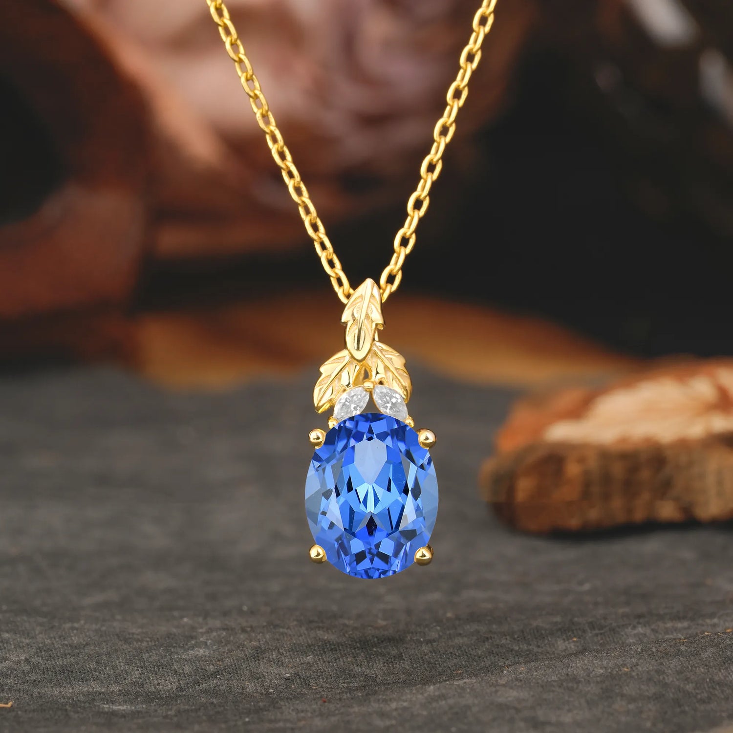 Leaf Accented Oval Cut Sapphire Pendant Necklace Valentine’s Day Gifts For Women
