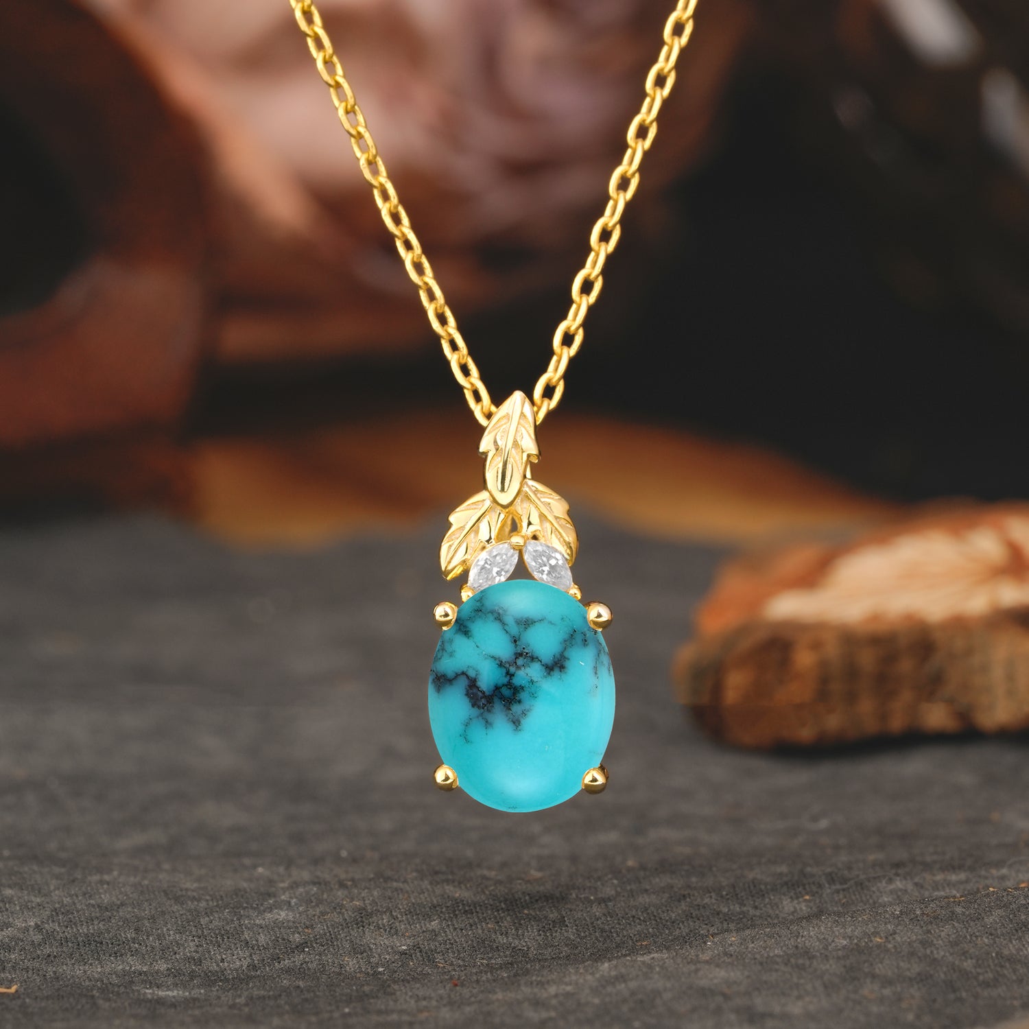 Leaf Accented Oval Cut Turquoise Pendant Necklace Valentine’s Day Gifts For Women