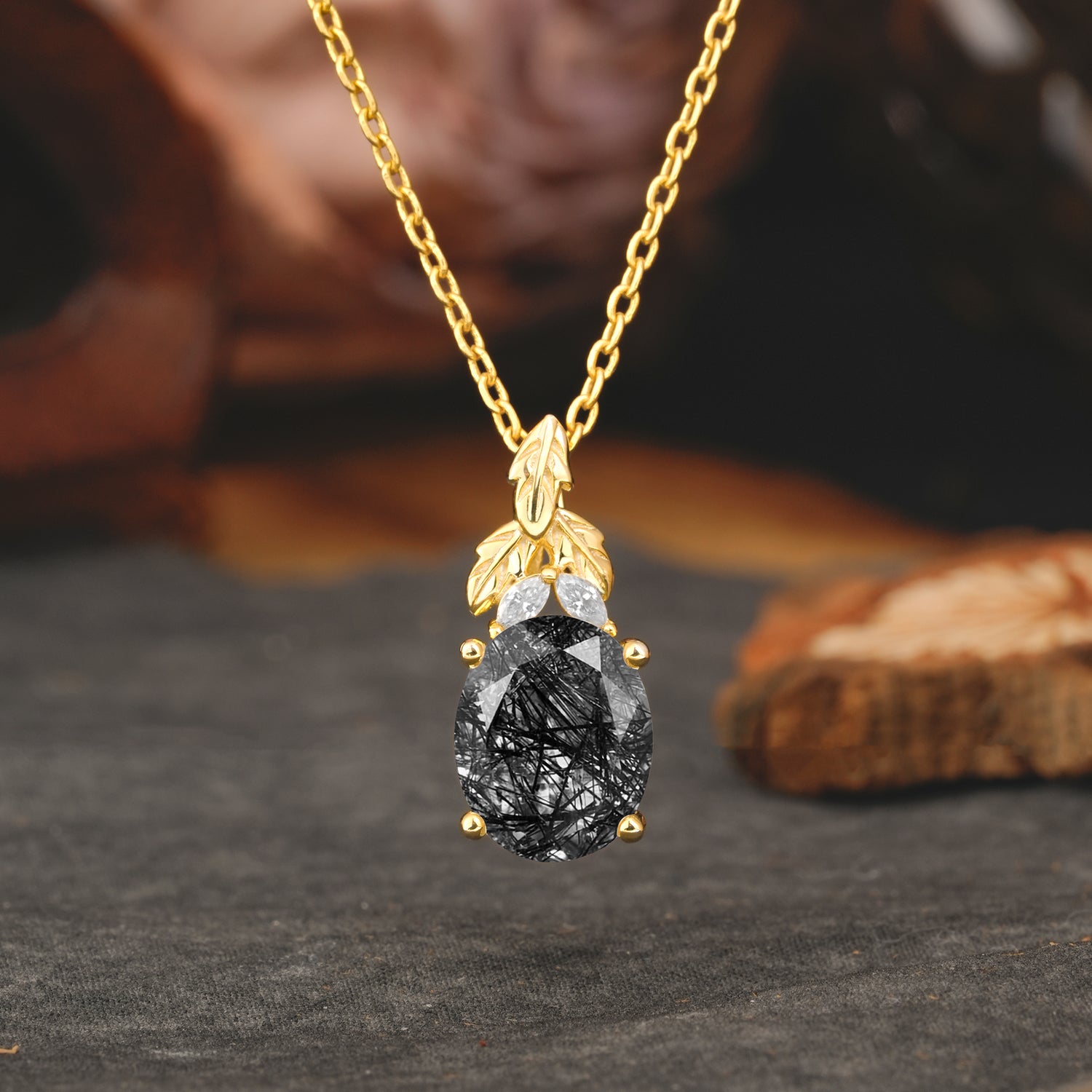 Leaf Accented Oval Cut Black Rutilated Quartz Pendant Necklace Valentine’s Day Gifts For Women