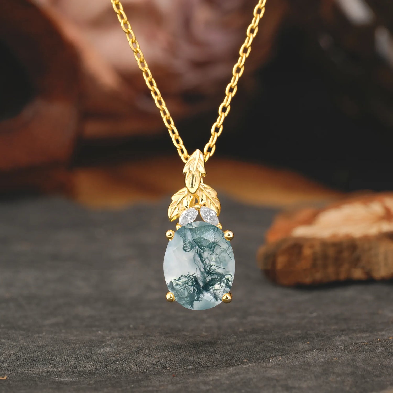 Leaf Accented Oval Cut Moss Agate Pendant Necklace Valentine’s Day Gifts For Women