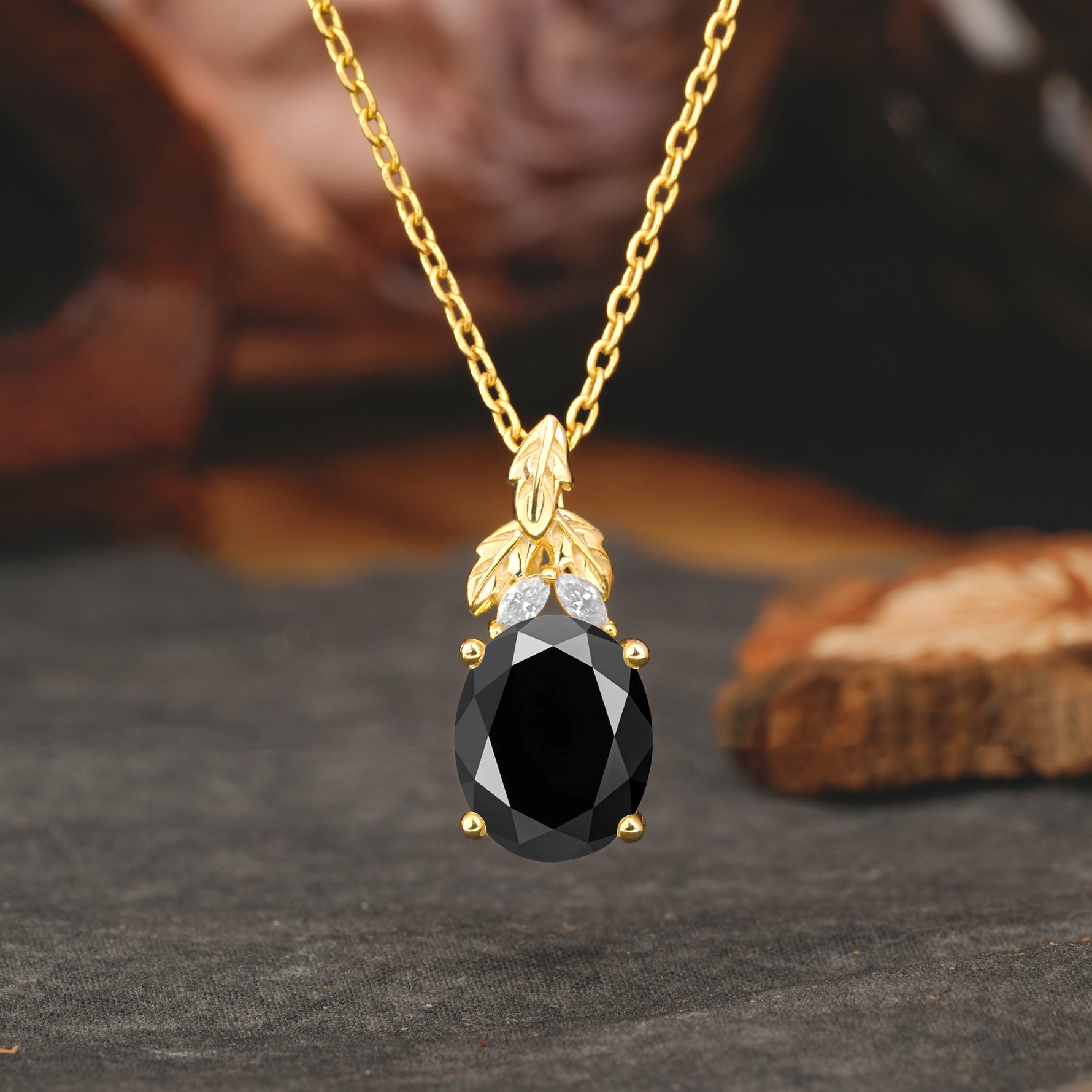 Leaf Accented Oval Cut Black Onyx Pendant Necklace Valentine’s Day Gifts For Women - Romalar Jewelry