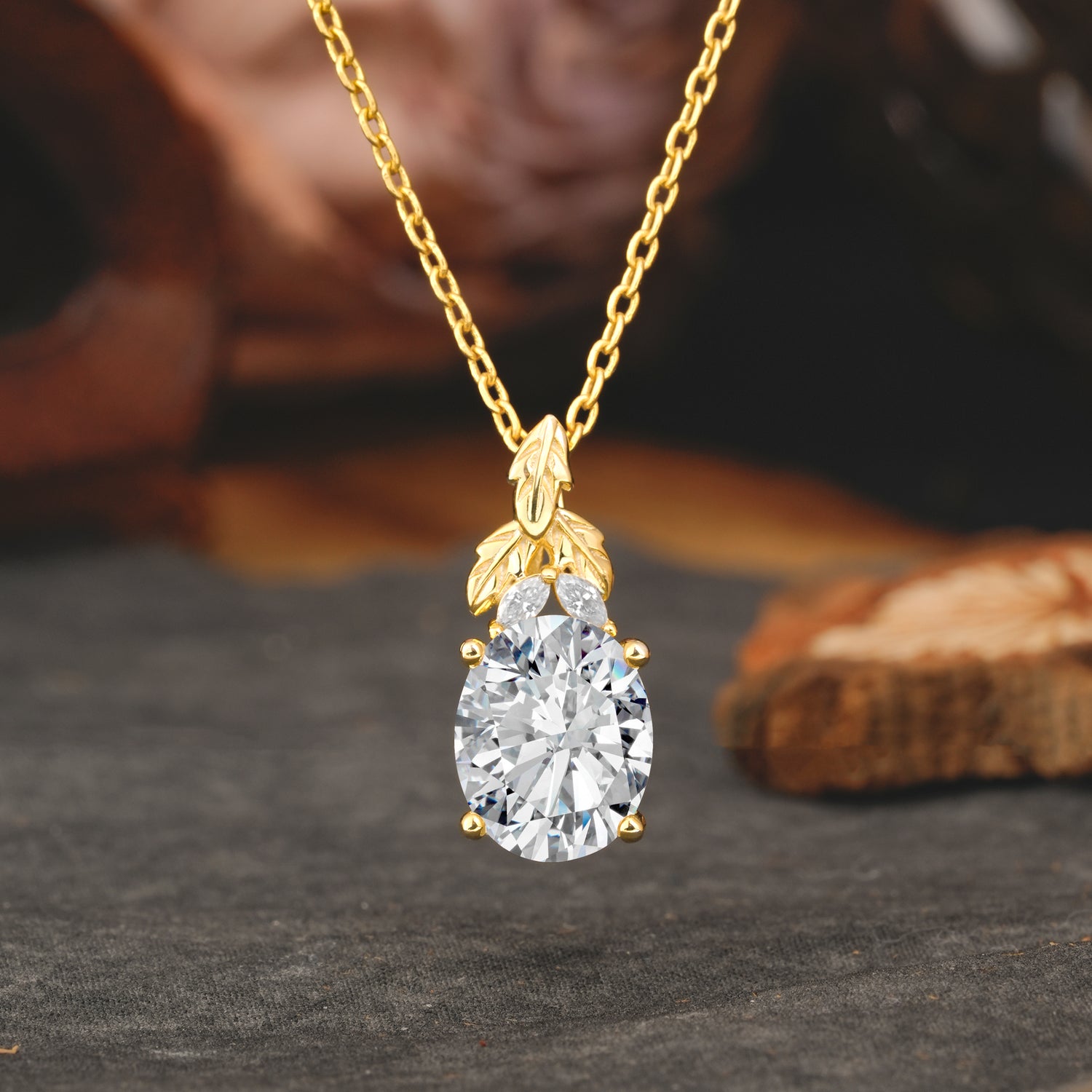 Leaf Accented Oval Cut Lab Diamond Pendant Necklace Valentine’s Day Gifts For Women