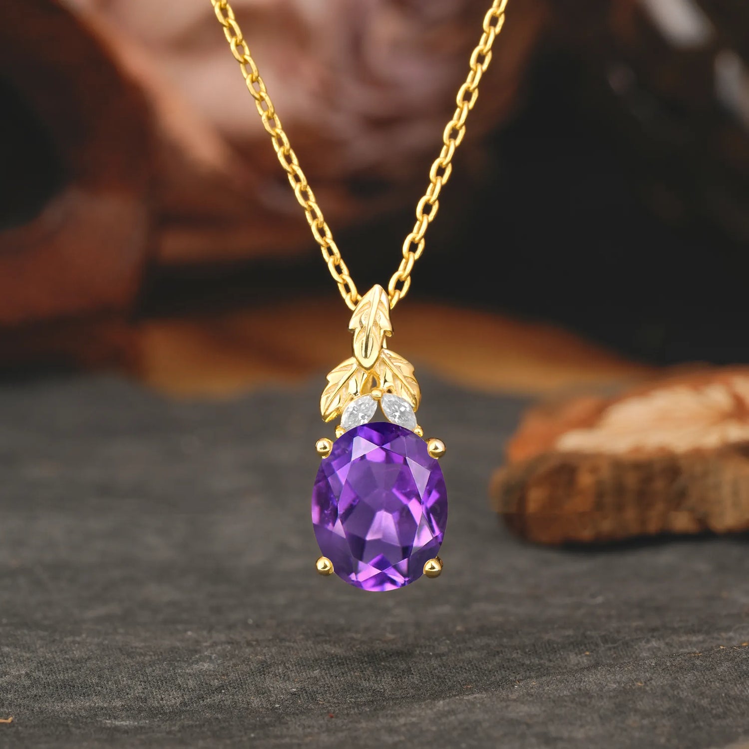 Leaf Accented Oval Cut Amethyst Pendant Necklace Valentine’s Day Gifts For Women