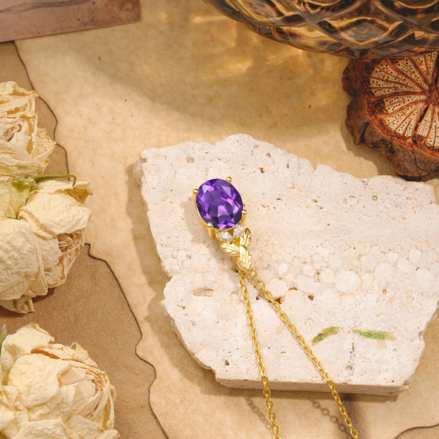 Leaf Accented Oval Cut Amethyst Pendant Necklace Valentine’s Day Gifts For Women