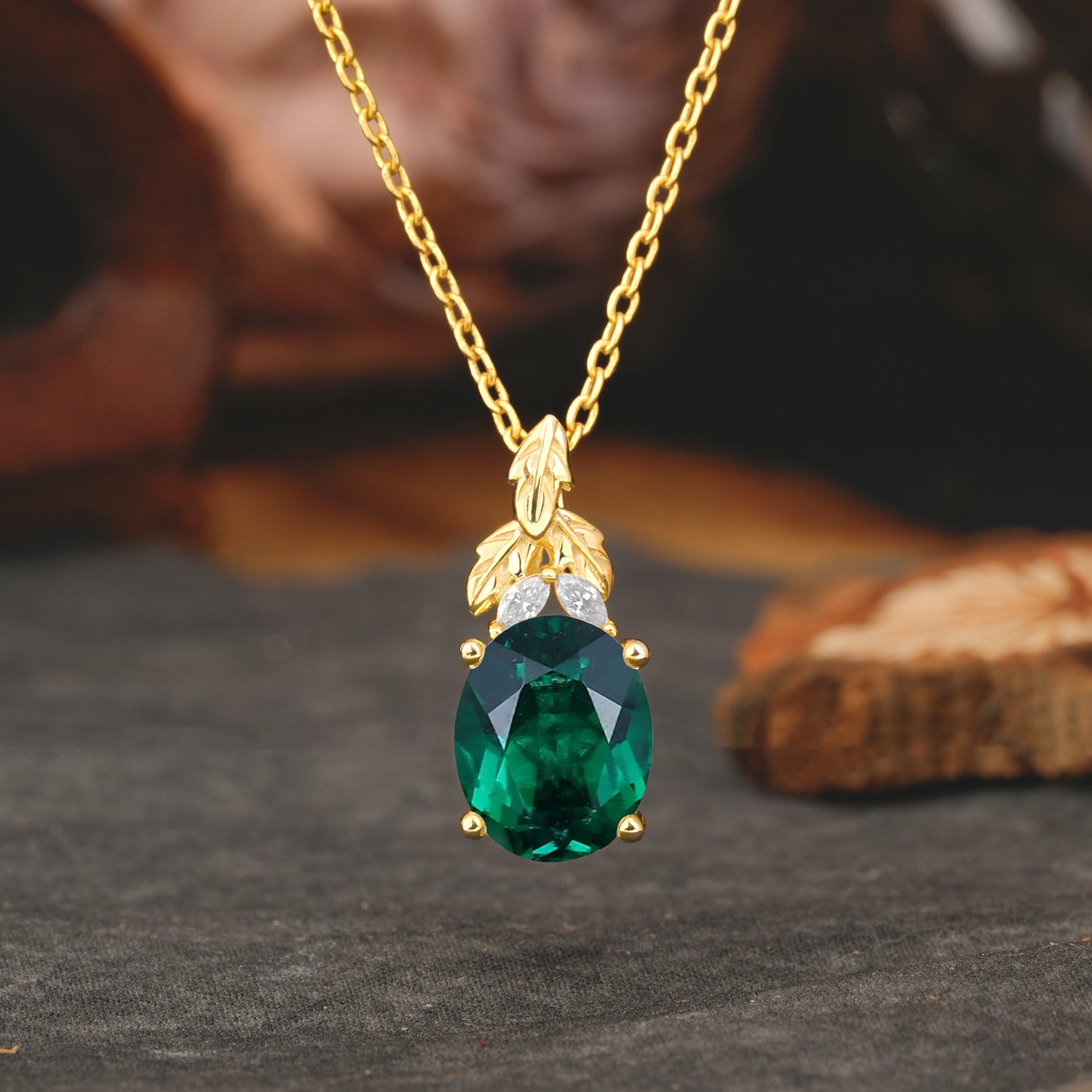 Leaf Accented Oval Cut Emerald Pendant Necklace Valentine’s Day Gifts For Women - Romalar Jewelry