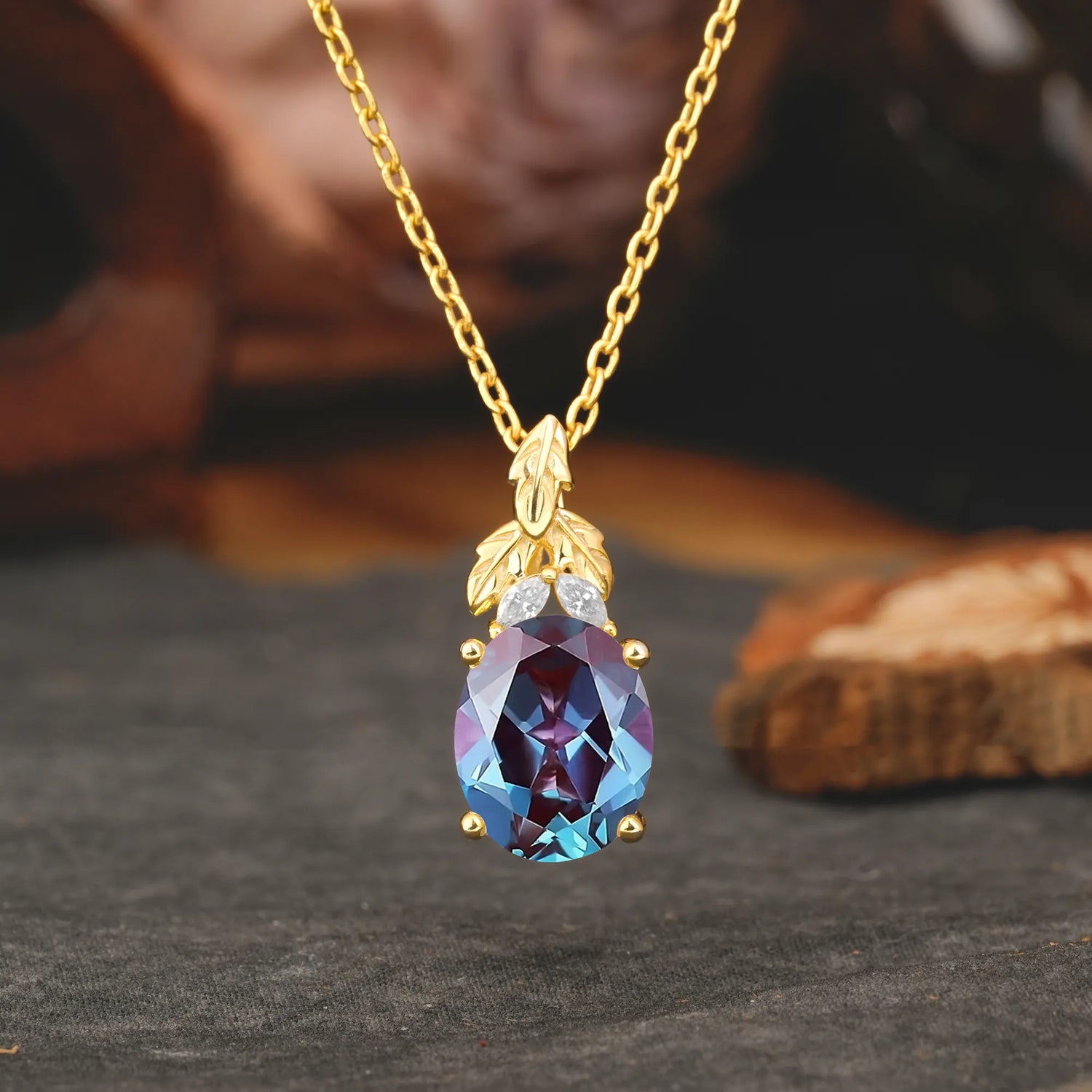 Leaf Accented Oval Cut Alexandrite Pendant Necklace Valentine’s Day Gifts For Women