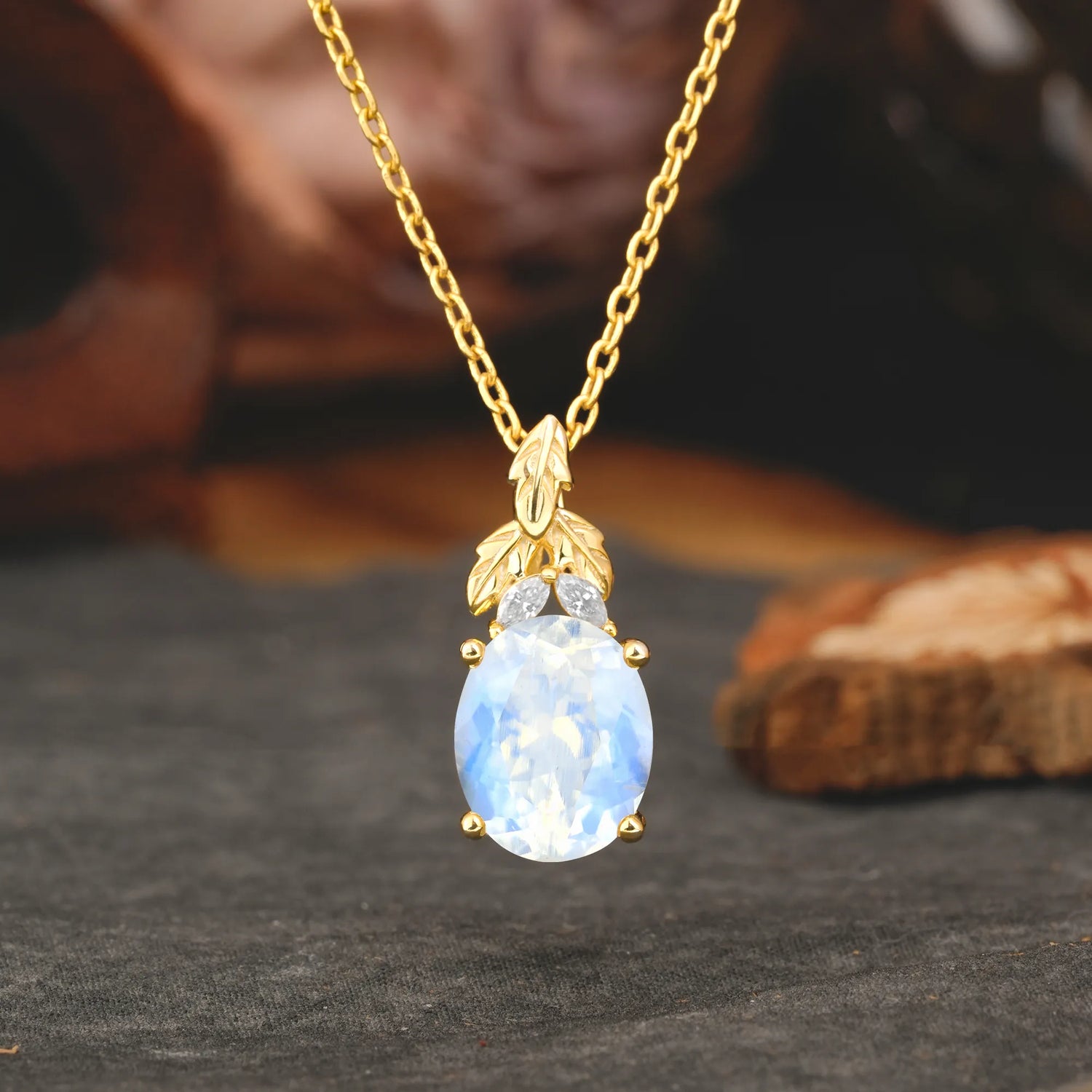 Leaf Accented Oval Cut Moonstone Pendant Necklace Valentine’s Day Gifts For Women